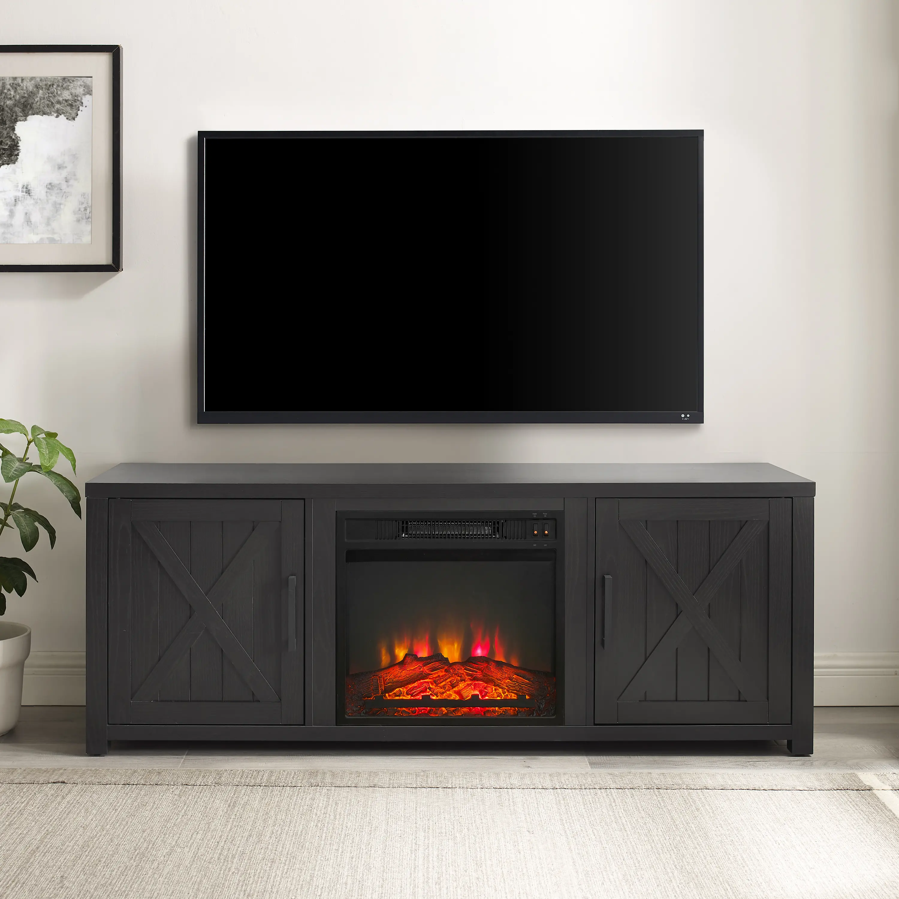 Gordon 58" Black TV Stand with Fireplace