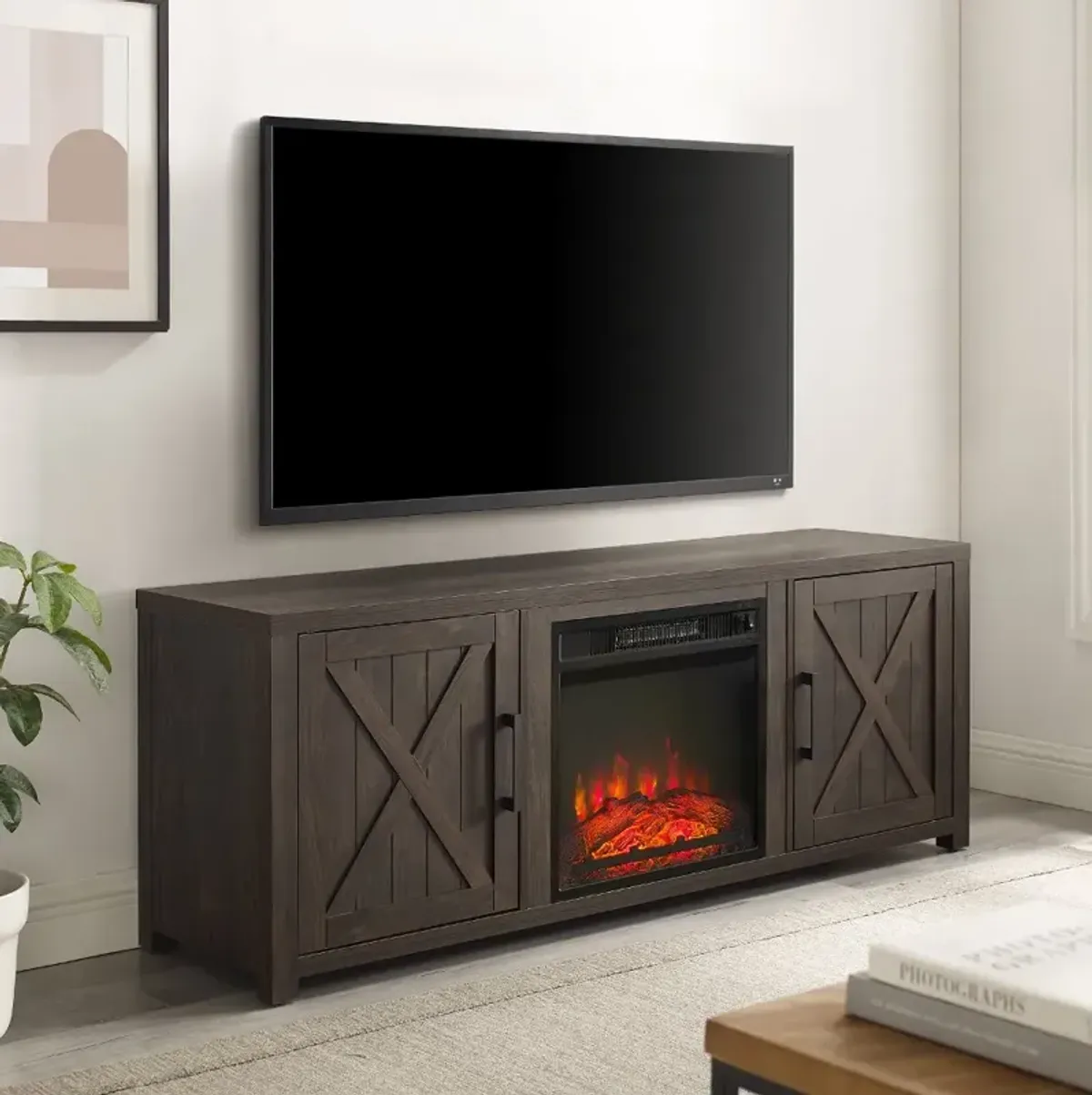 Gordon 58" Walnut Brown TV Stand with Fireplace