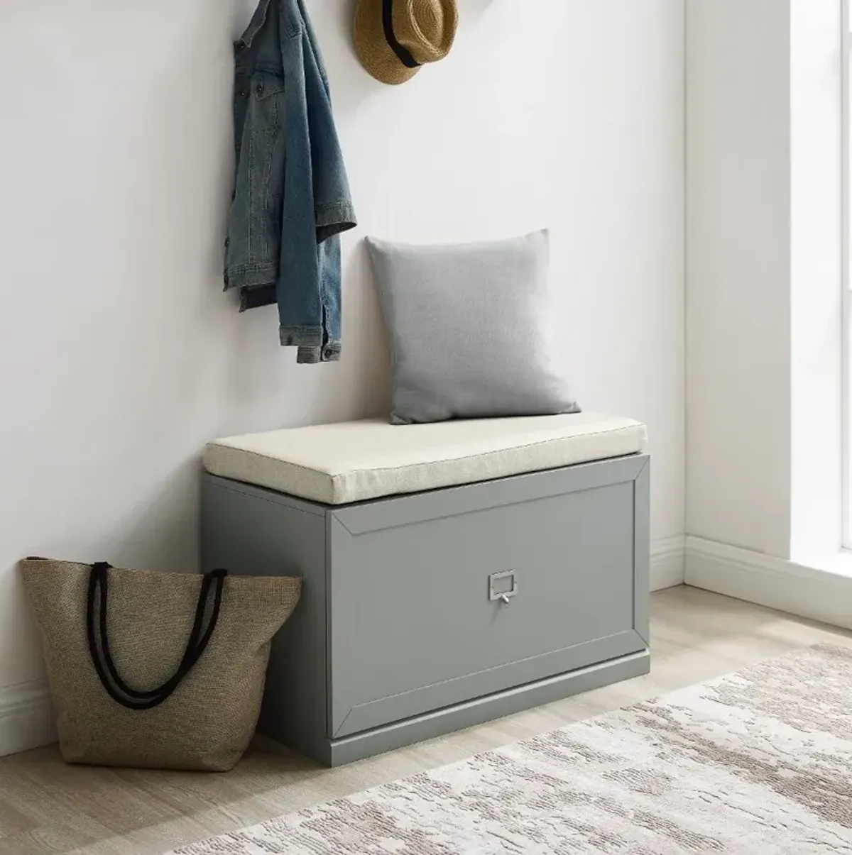 Harper Gray and Tan Entryway Storage Bench