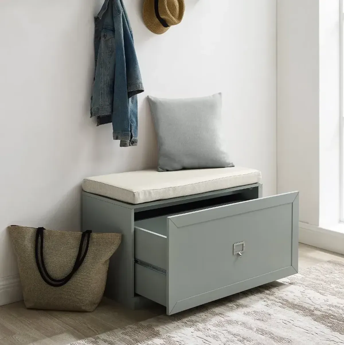 Harper Gray and Tan Entryway Storage Bench