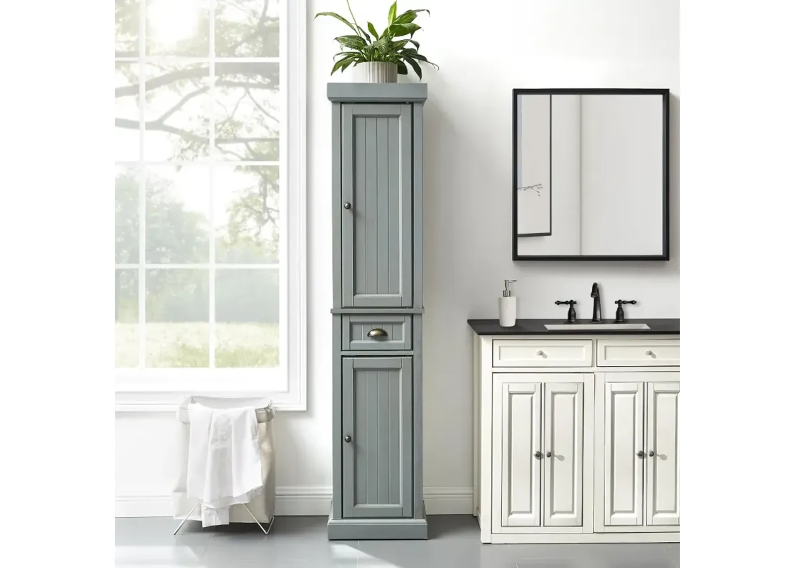 Seaside Distressed Gray Tall Linen Cabinet