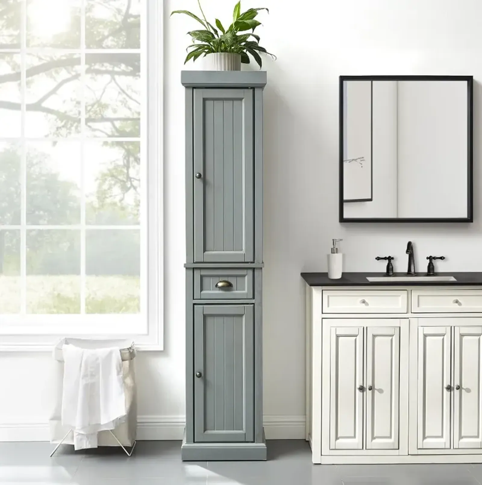 Seaside Distressed Gray Tall Linen Cabinet