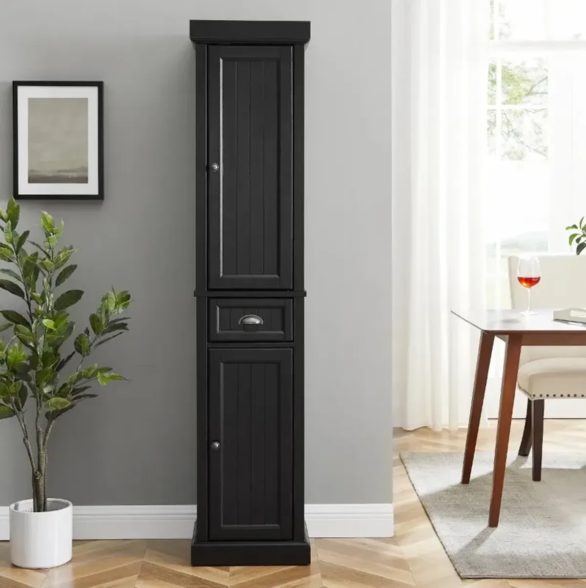 Seaside Distressed Black Tall Linen Cabinet