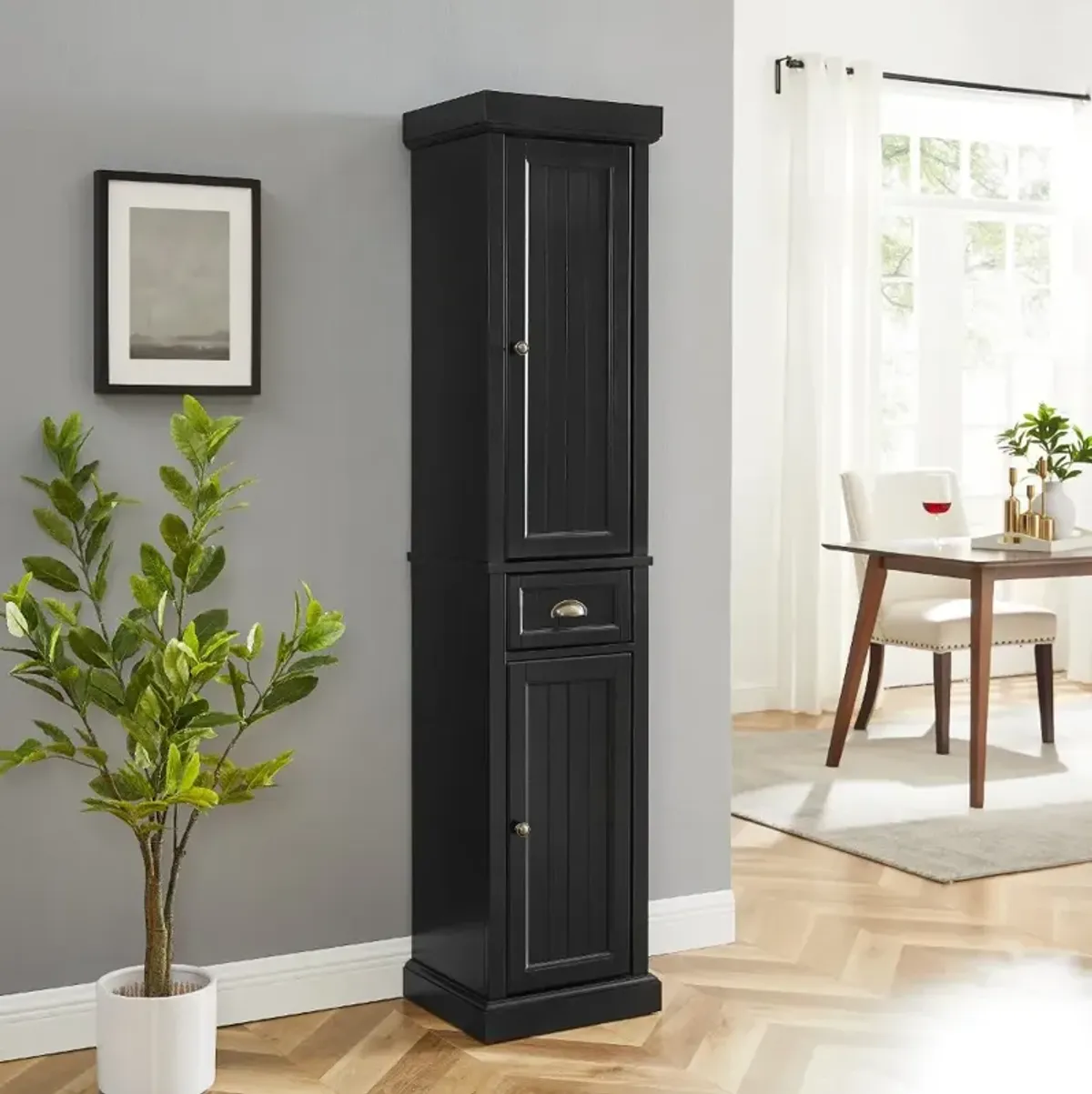 Seaside Distressed Black Tall Linen Cabinet