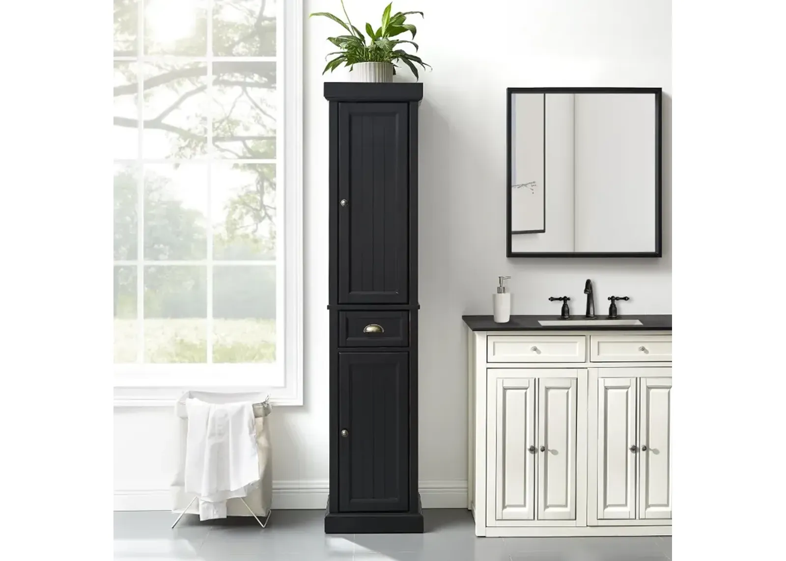 Seaside Distressed Black Tall Linen Cabinet