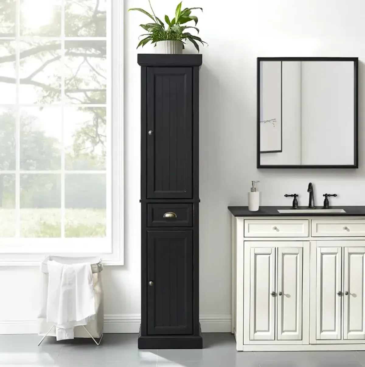 Seaside Distressed Black Tall Linen Cabinet