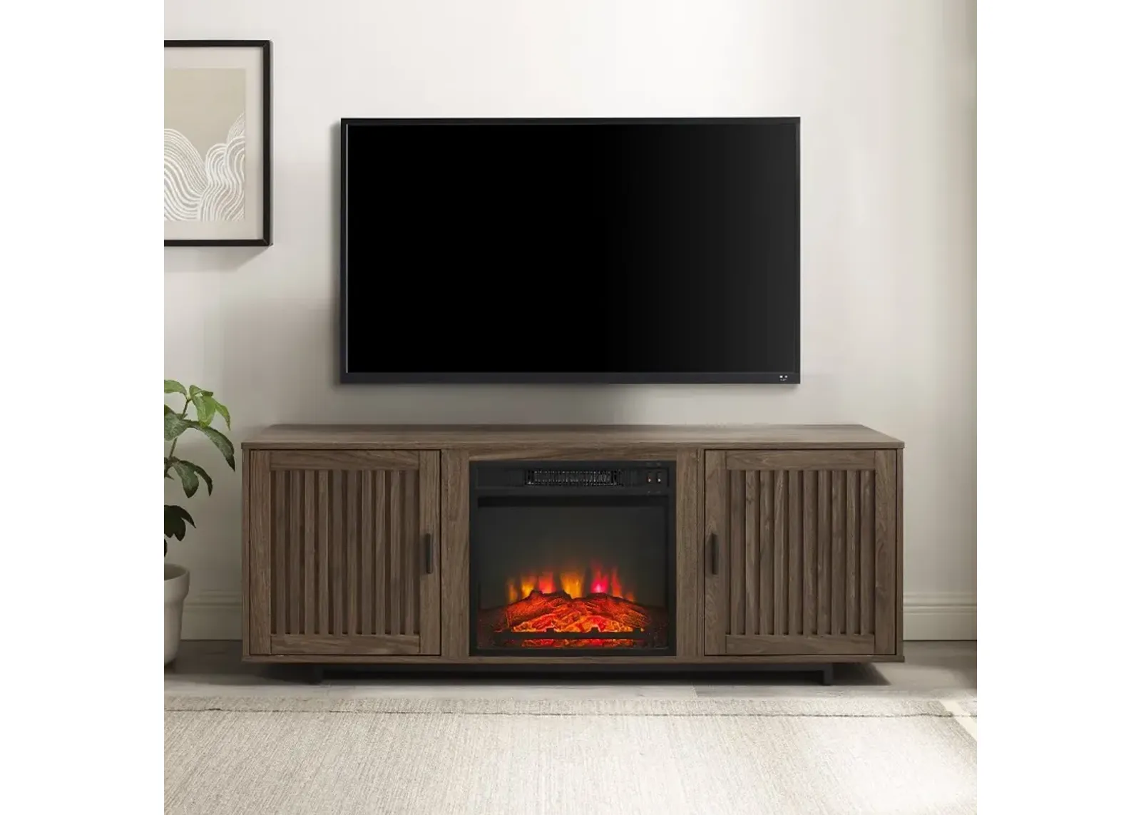 Silas 58" Walnut TV Stand with Fireplace