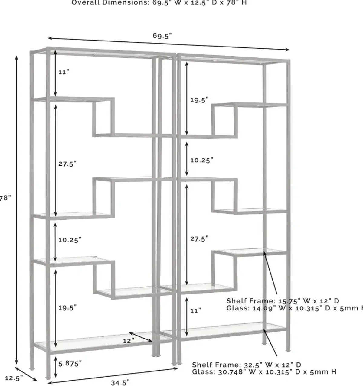 Sloane 2-Piece Gold Metal Bookshelf Set