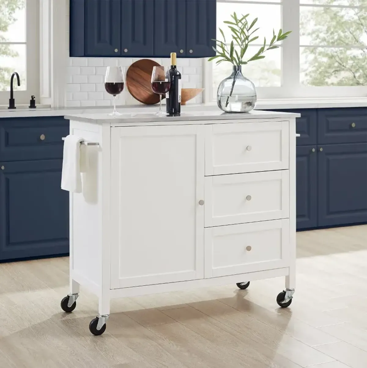 Soren White Kitchen Island with Stainless Steel Top