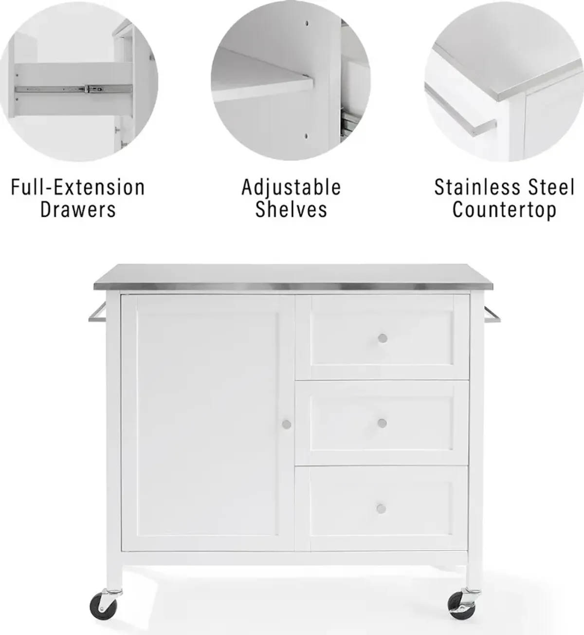 Soren White Kitchen Island with Stainless Steel Top