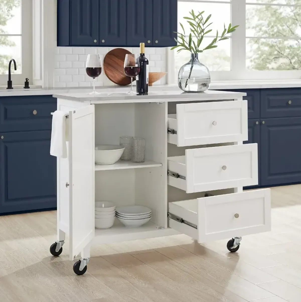 Soren White Kitchen Island with Stainless Steel Top