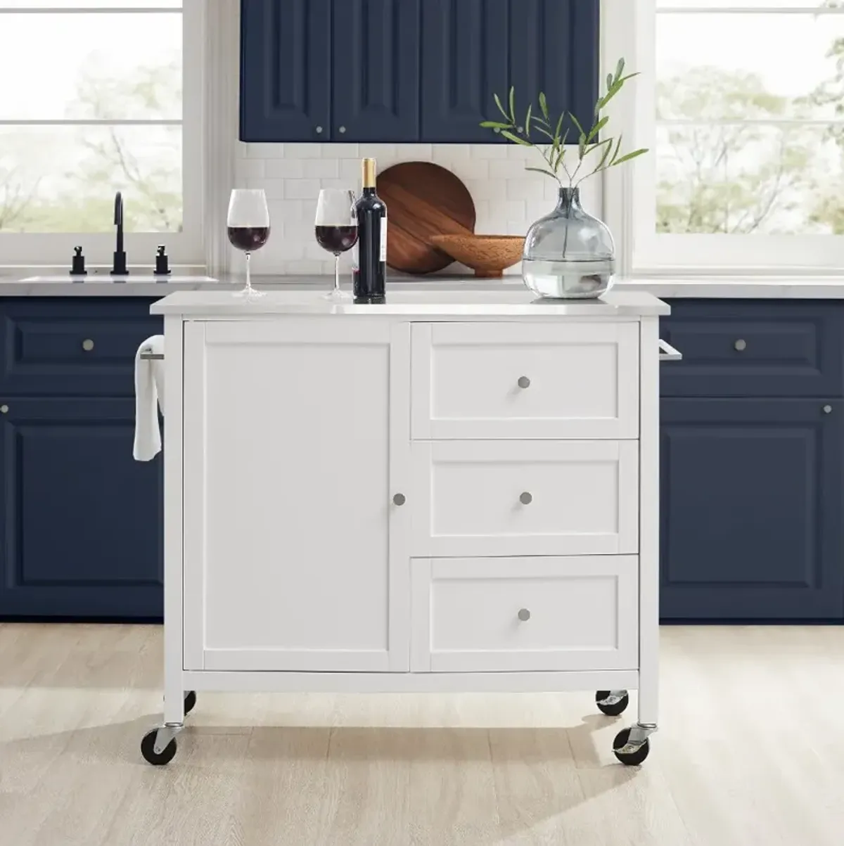 Soren White Kitchen Island with Stainless Steel Top