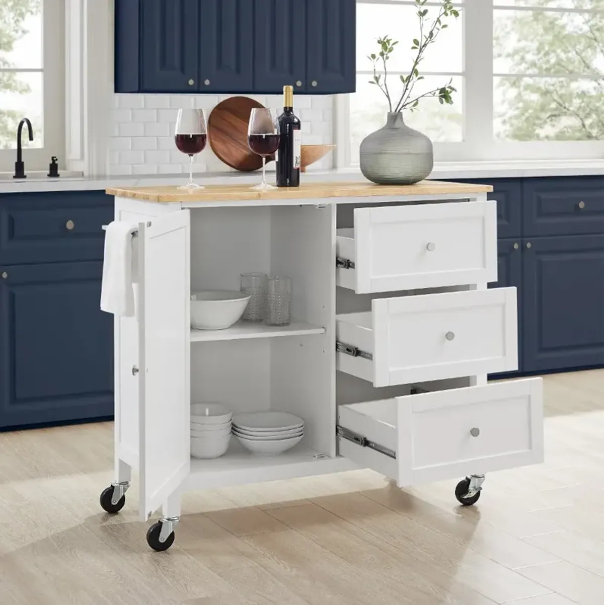 Soren White Kitchen Island with Wood Top