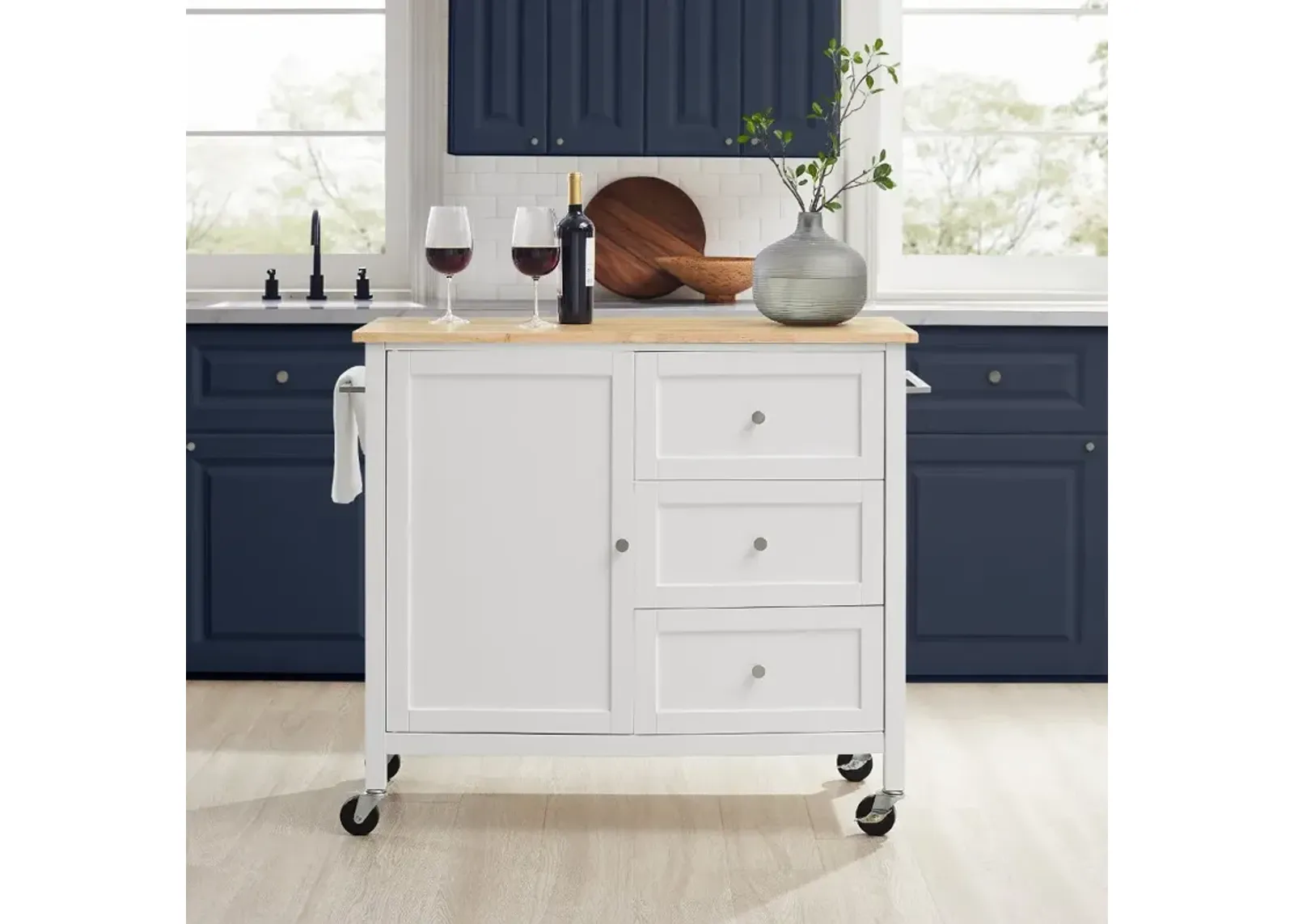 Soren White Kitchen Island with Wood Top