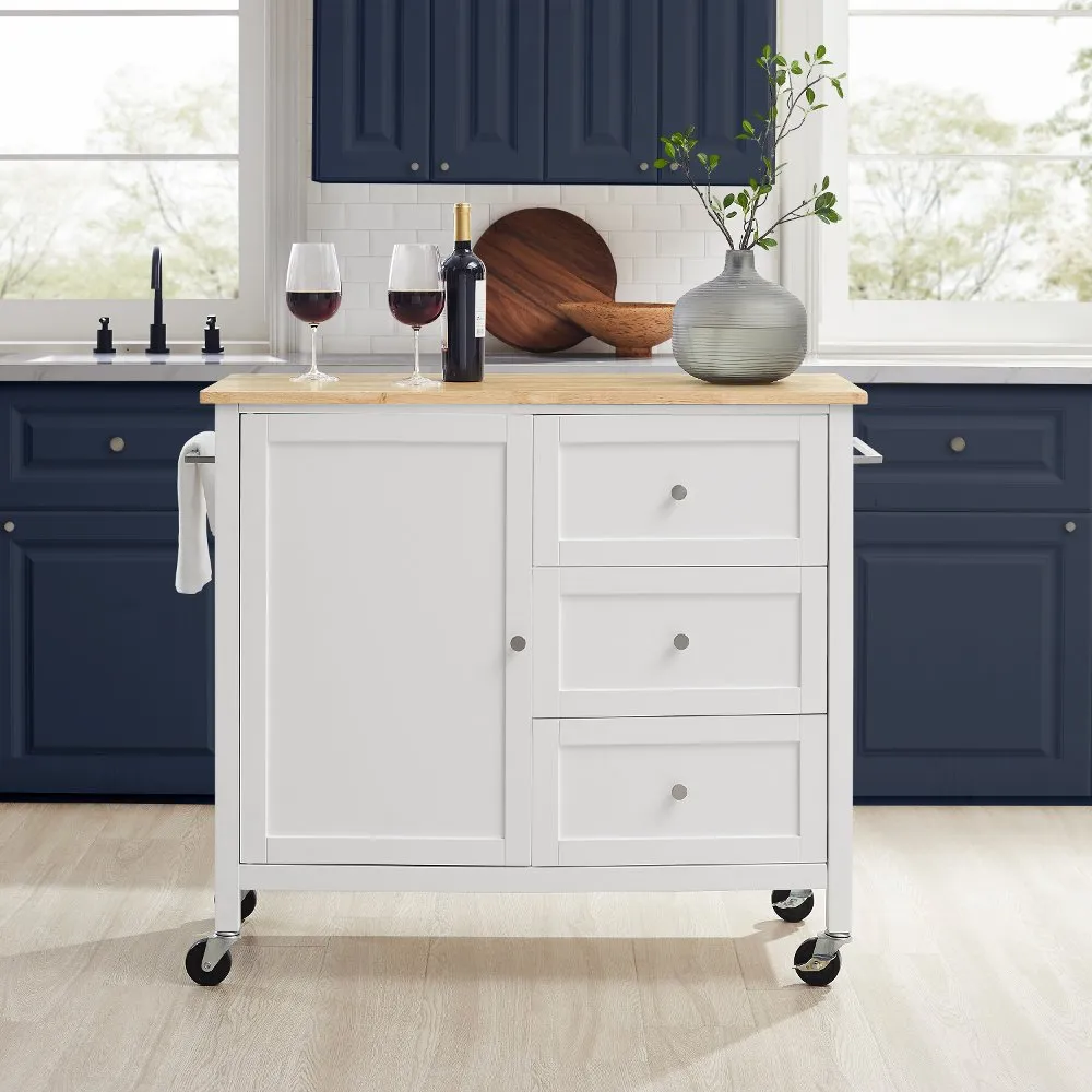 Soren White Kitchen Island with Wood Top