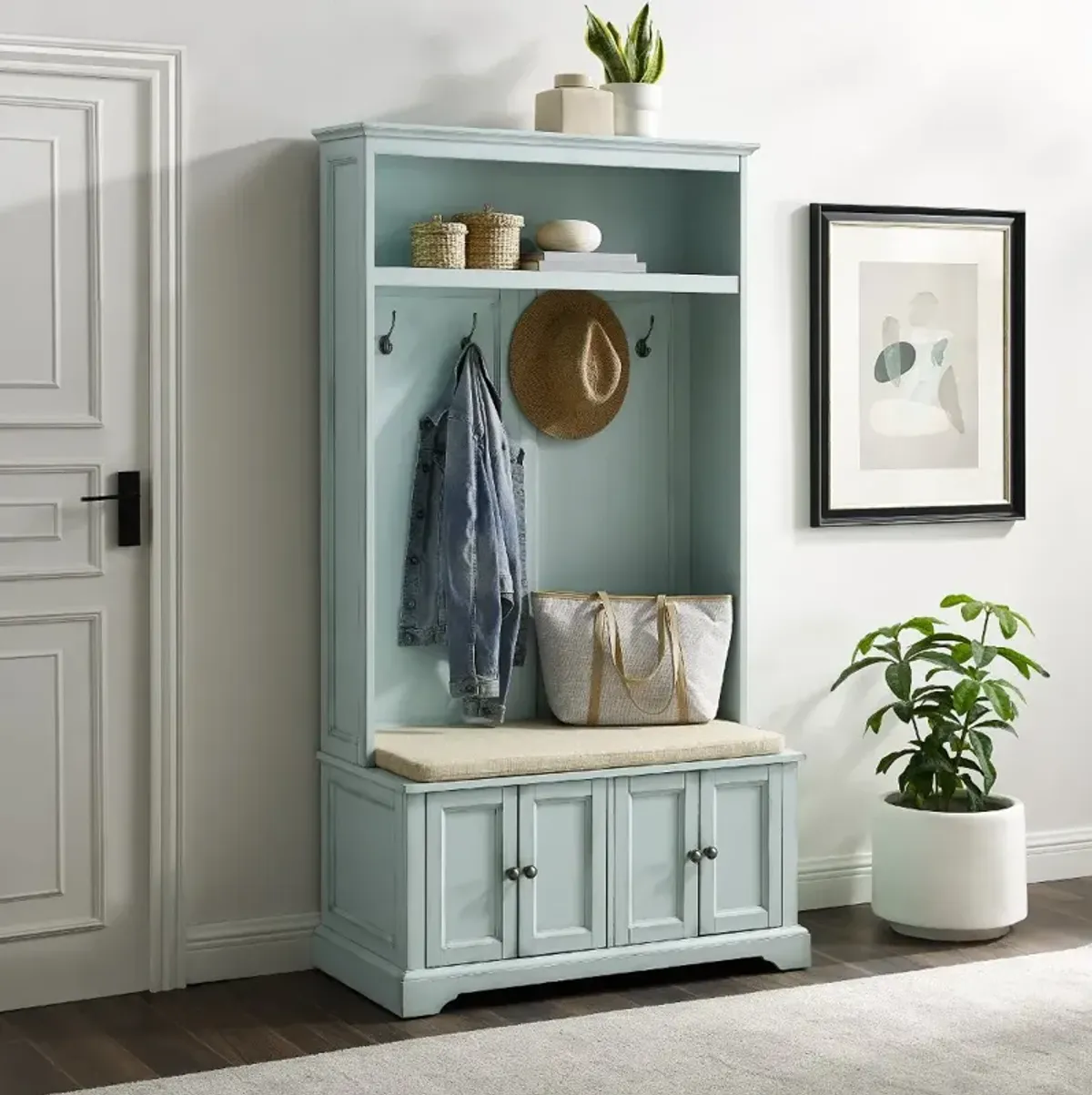 Holbrook Distressed Seafoam Blue Hall Tree