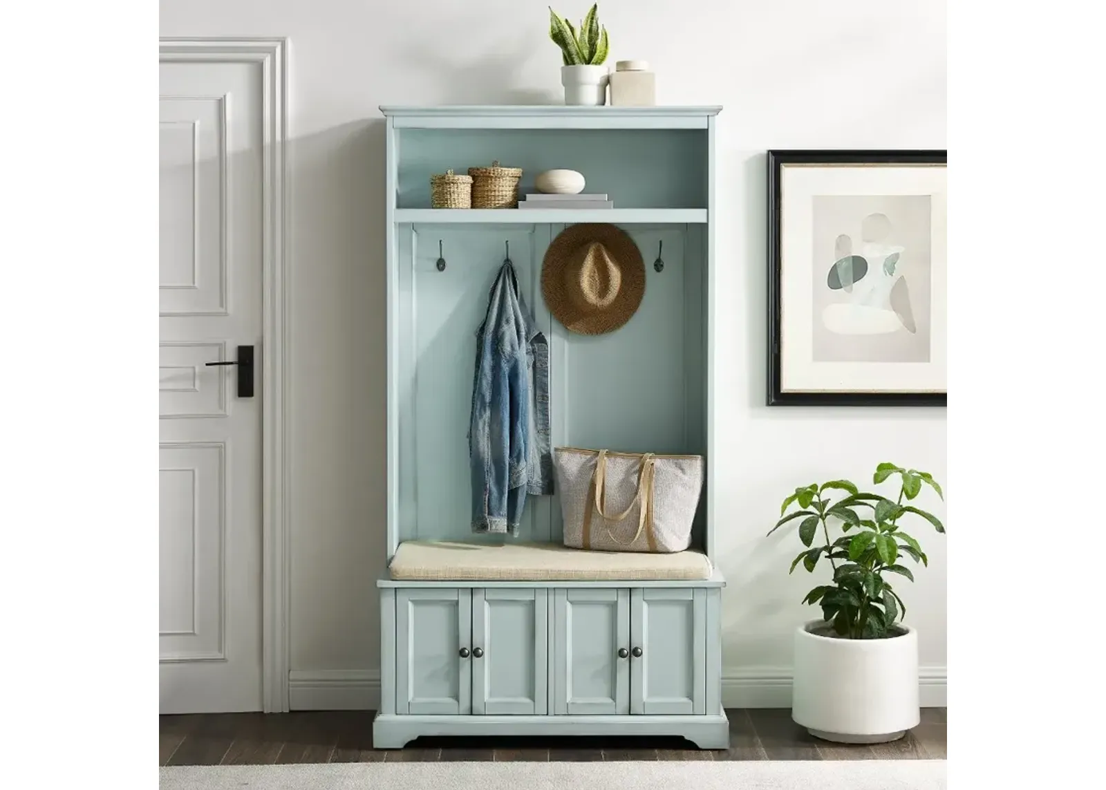 Holbrook Distressed Seafoam Blue Hall Tree