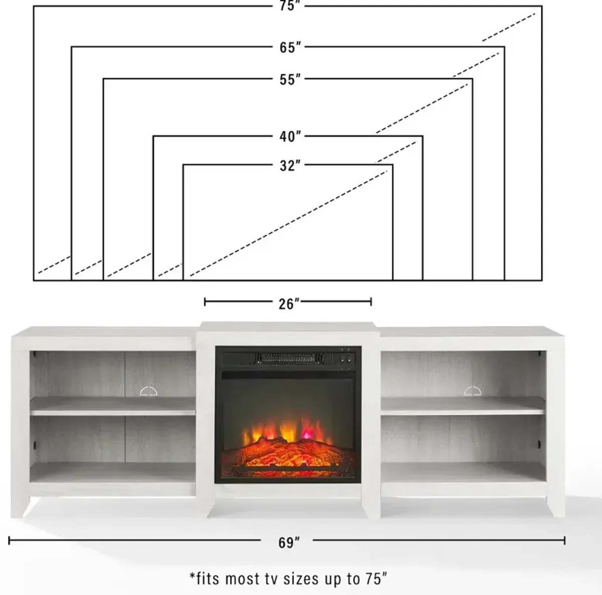 Ronin 69" Whitewash TV Stand with Fireplace