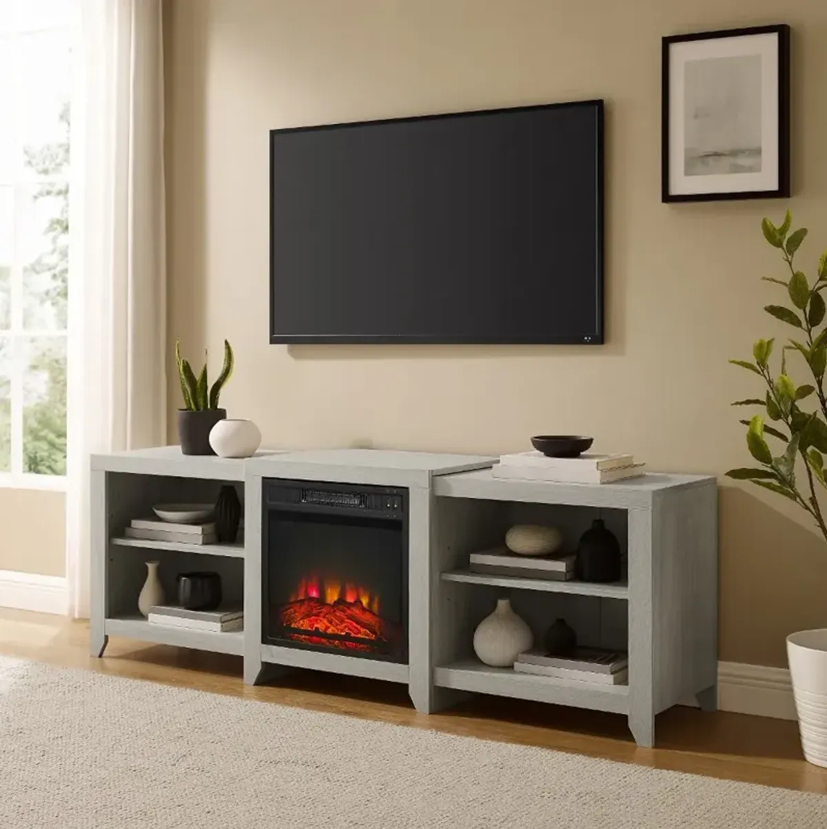 Ronin 69" Whitewash TV Stand with Fireplace