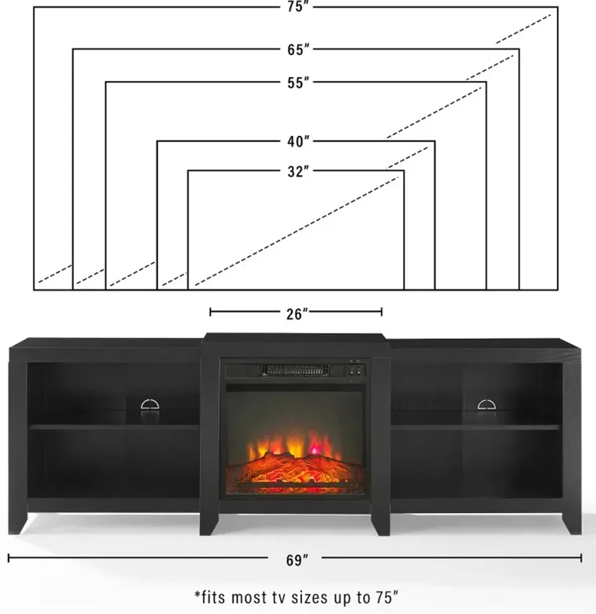 Ronin 69" Black TV Stand with Fireplace