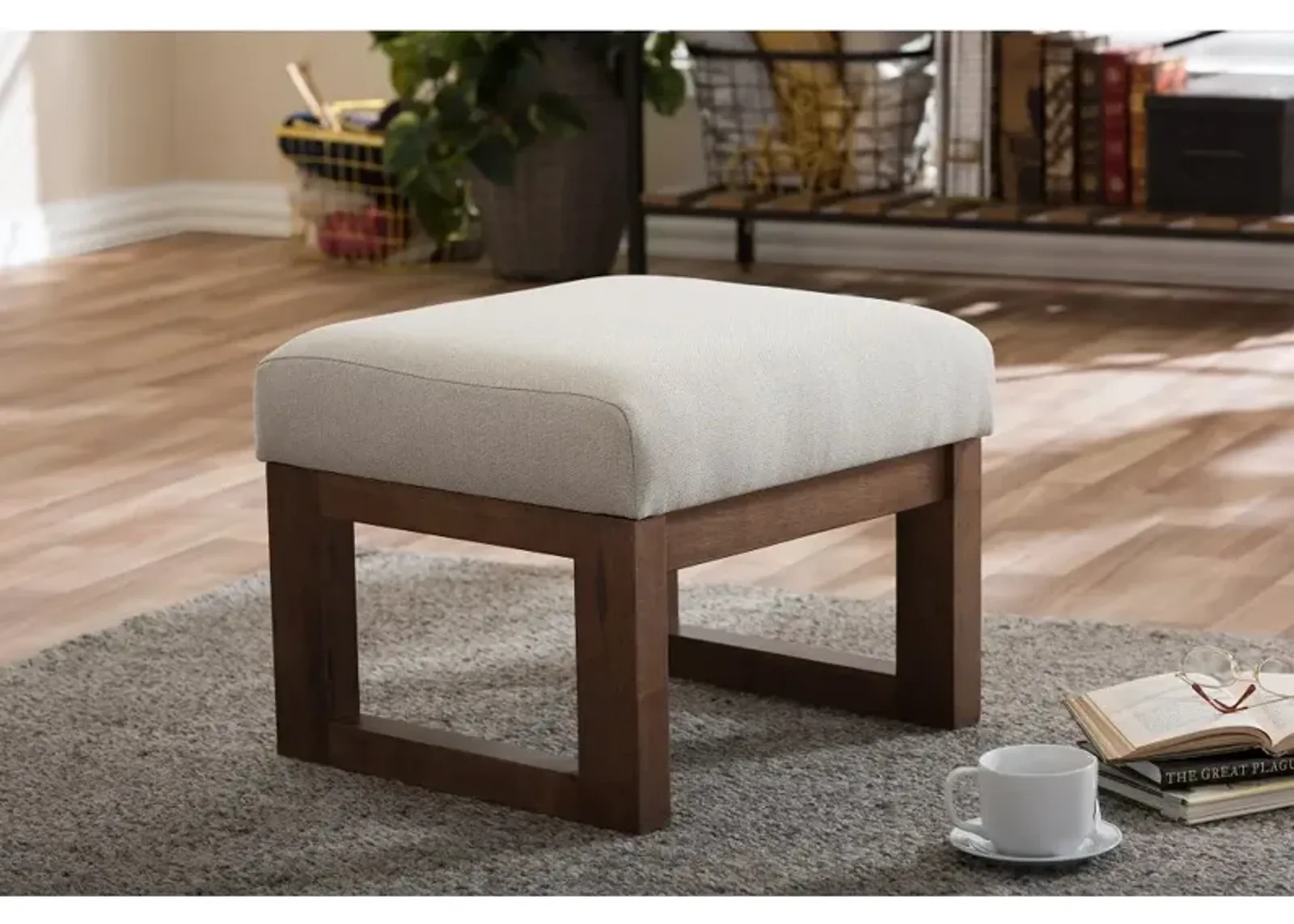 Yashiya Beige Upholstered Ottoman Stool