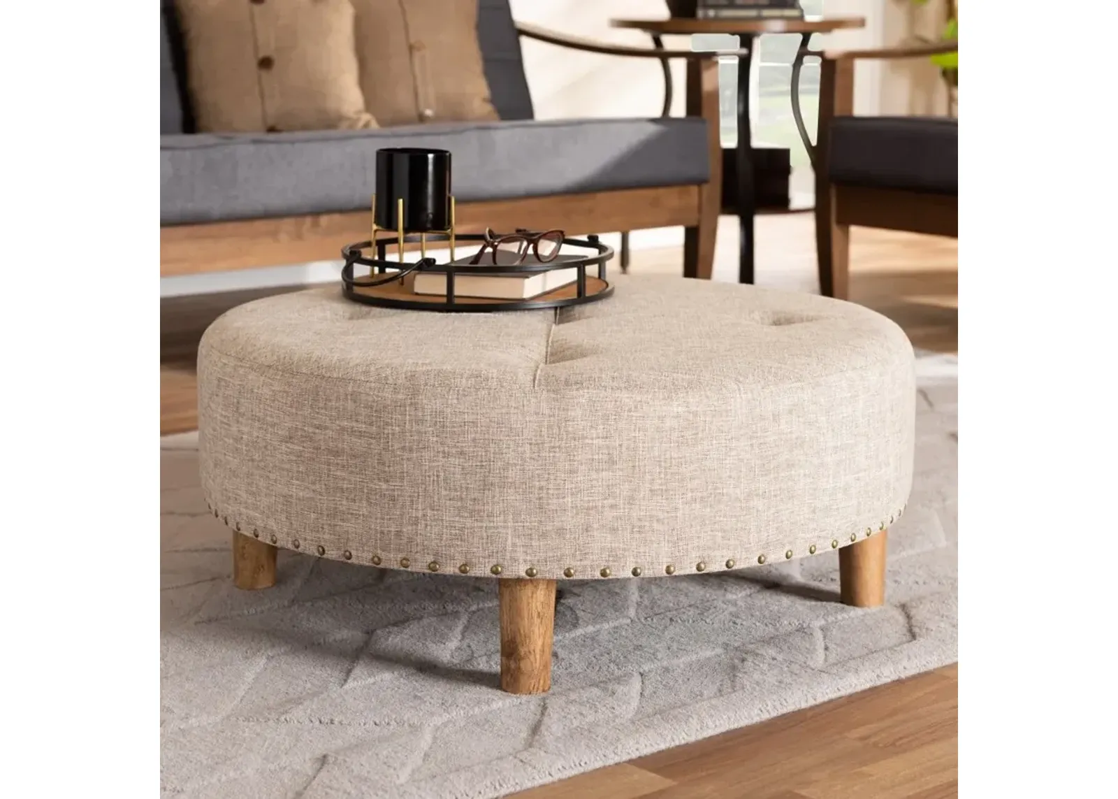 Vinet Beige Upholstered Round Cocktail Ottoman