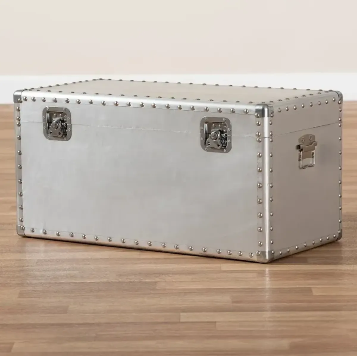 Serge French Industrial Silver Metal Storage Trunk