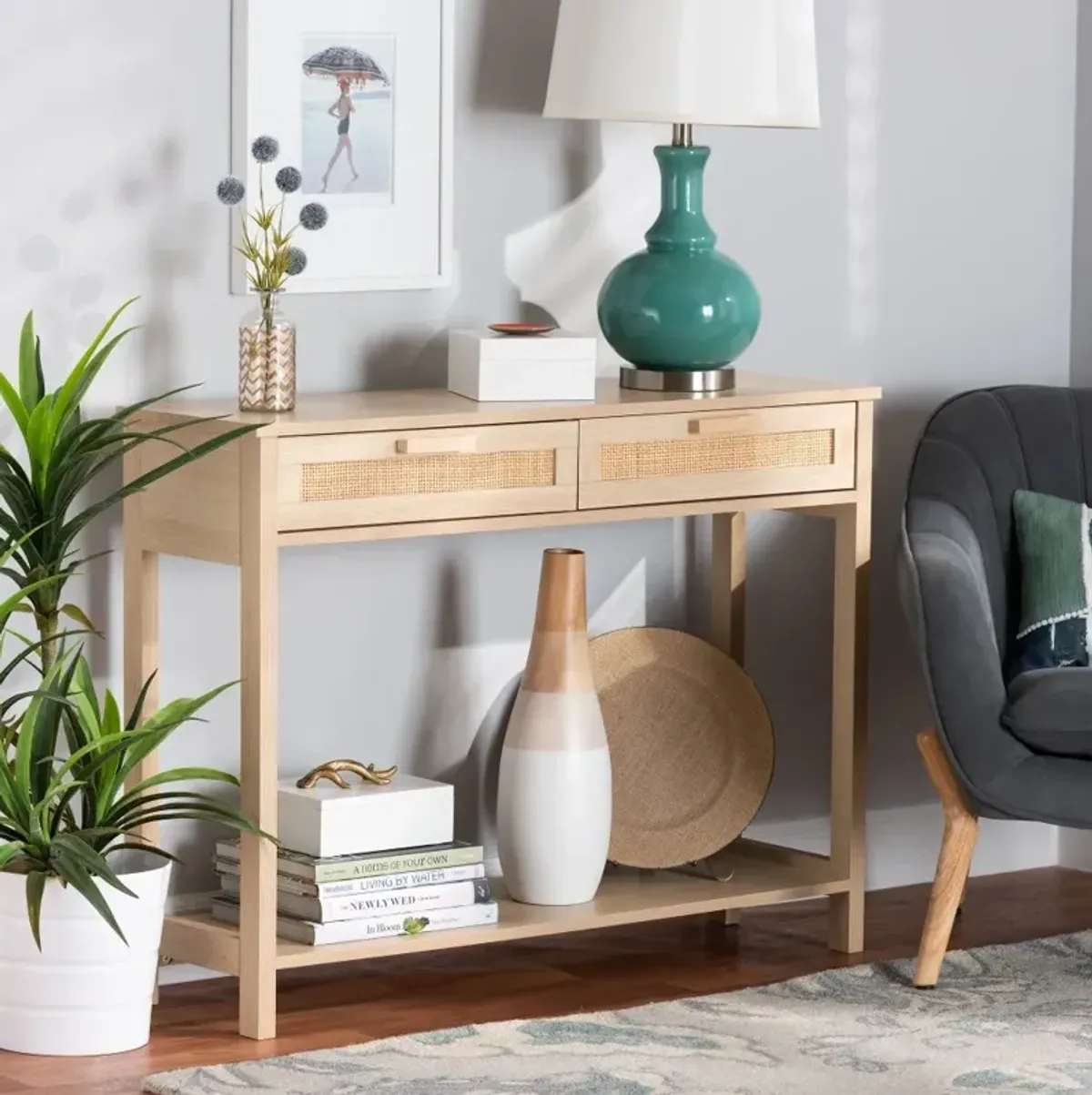 Sebille Light Brown Rattan 2-Drawer Console Table