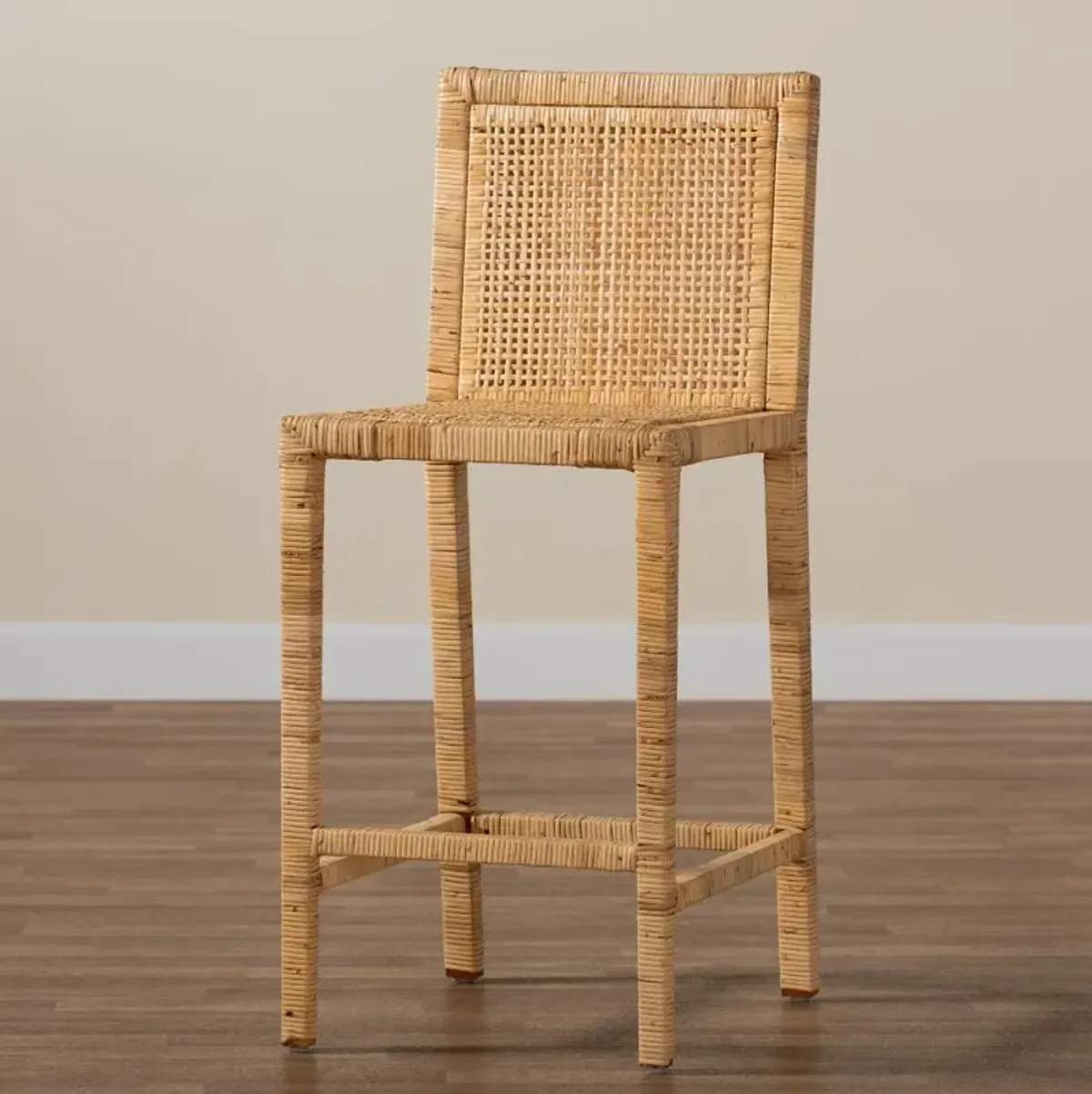 Sofia Natural Wood and Rattan Counter Stool