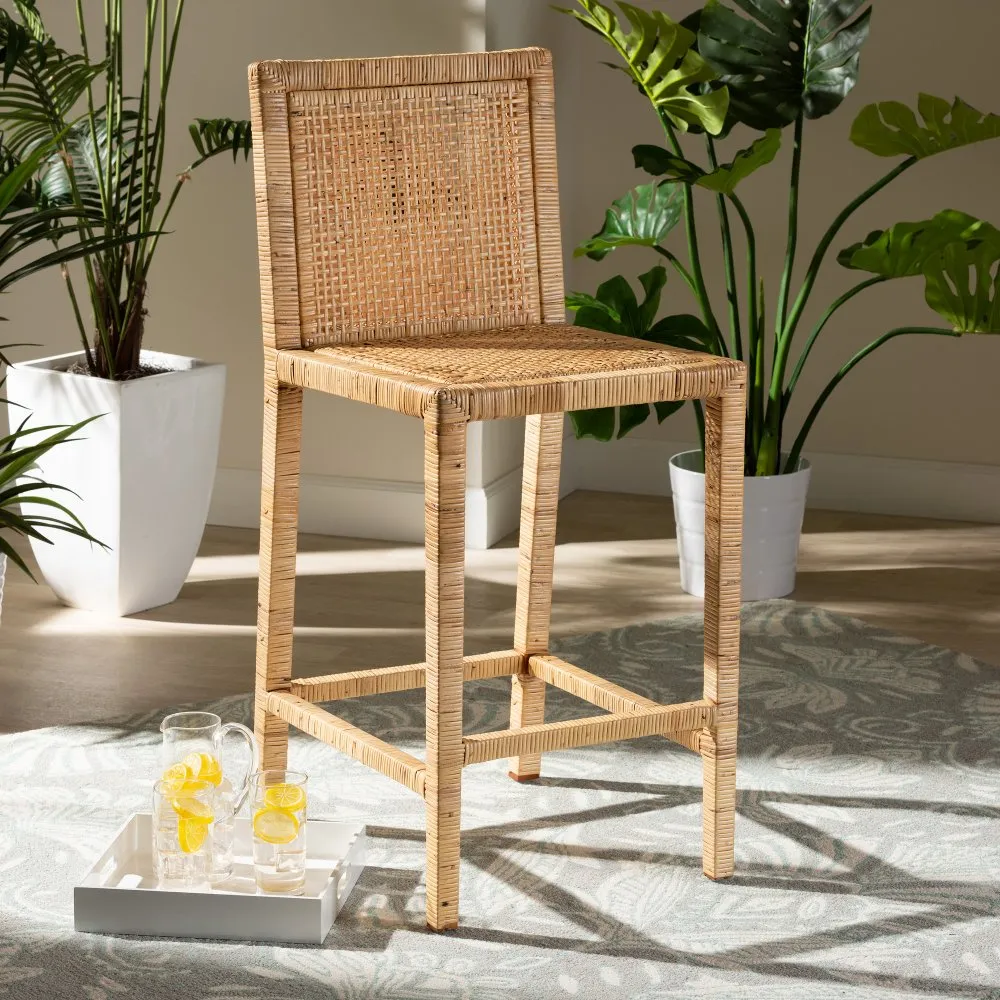 Sofia Natural Wood and Rattan Counter Stool