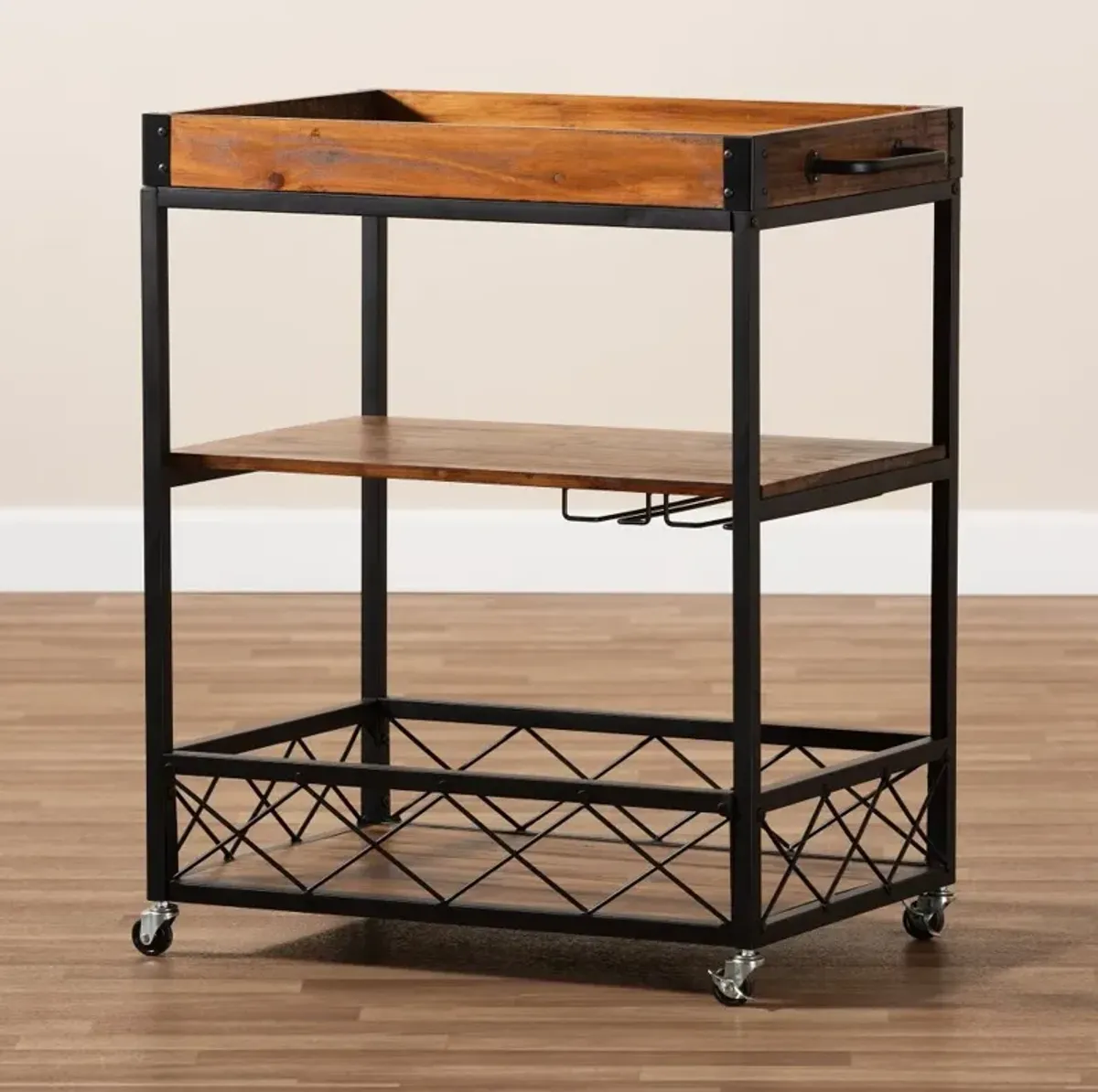 Capri Rustic Oak and Black Finished Metal Bar Cart