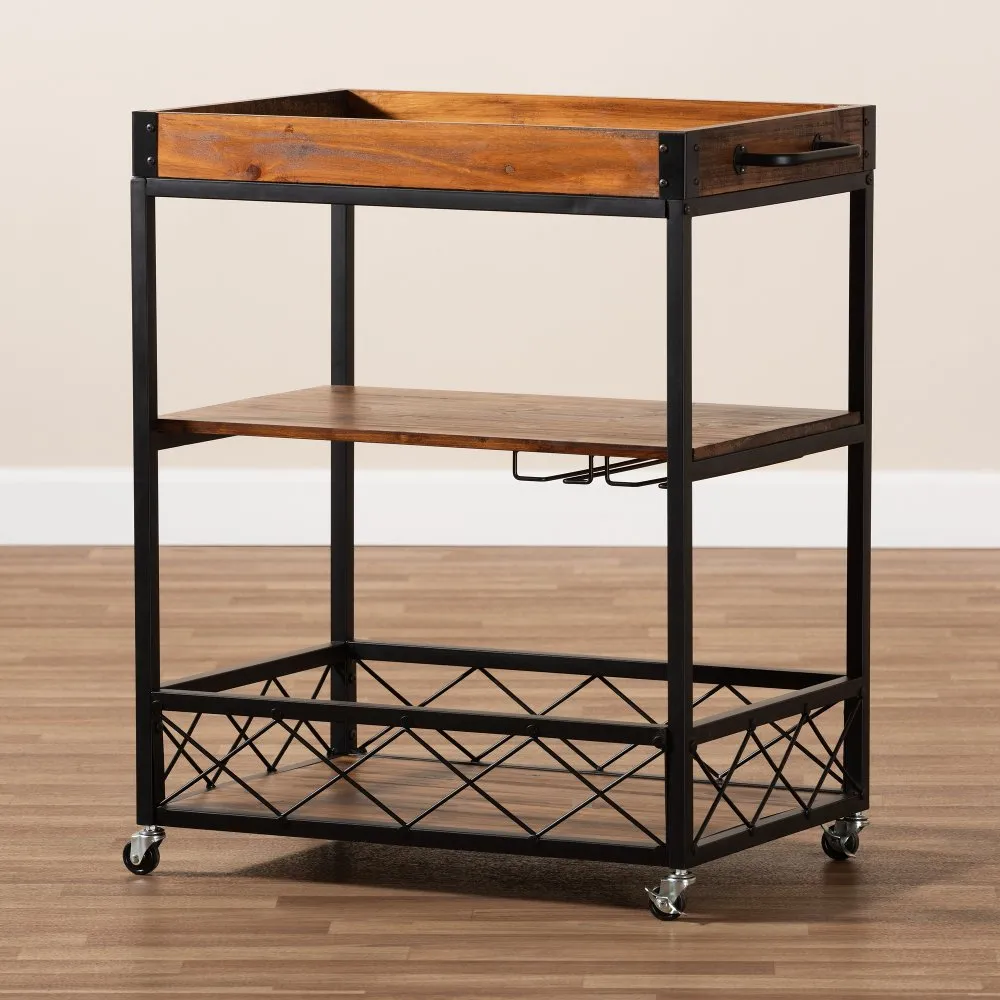 Capri Rustic Oak and Black Finished Metal Bar Cart