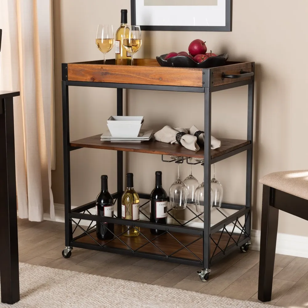 Capri Rustic Oak and Black Finished Metal Bar Cart