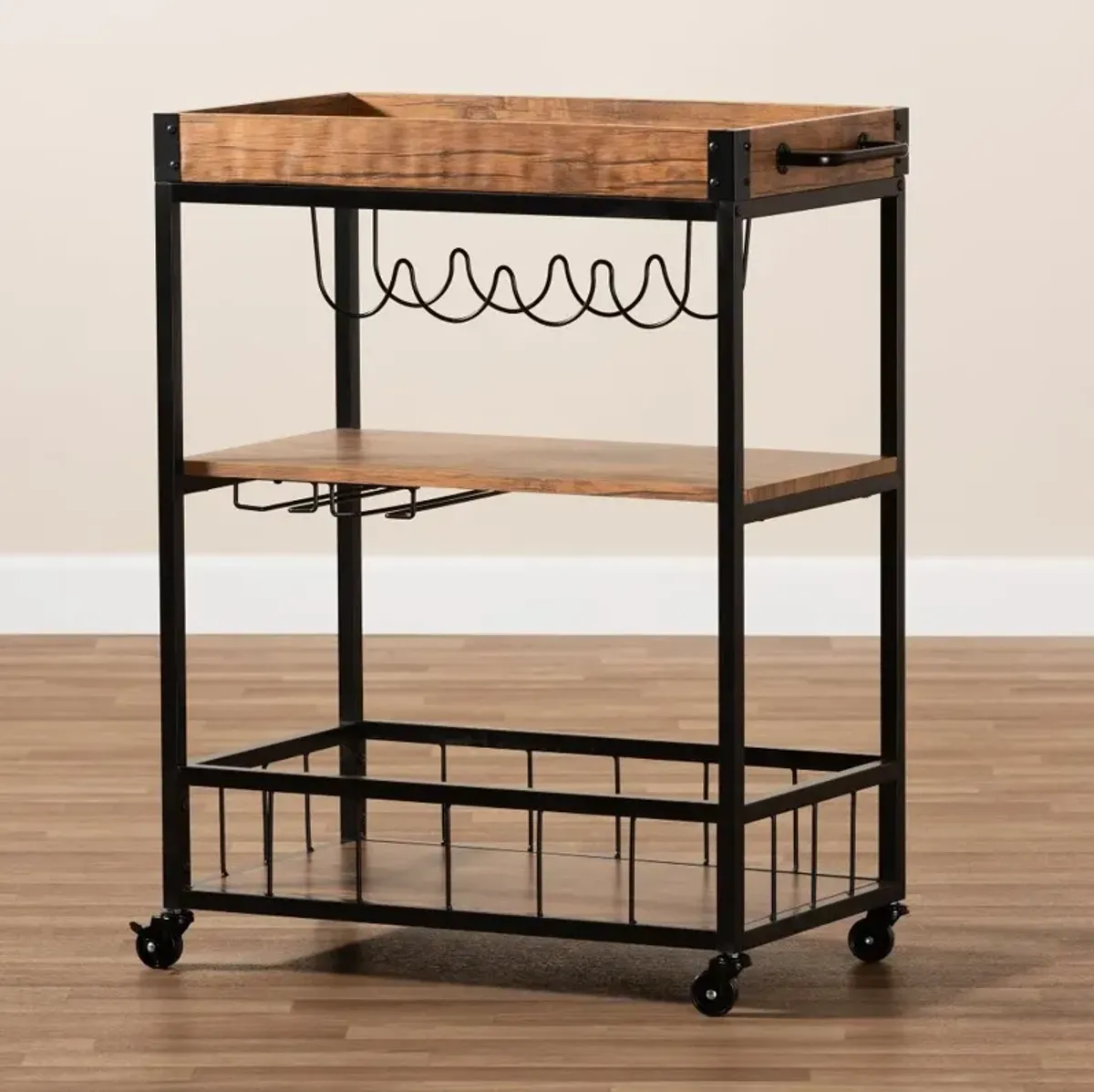 Cerne Rustic Oak and Black Metal Bar Cart