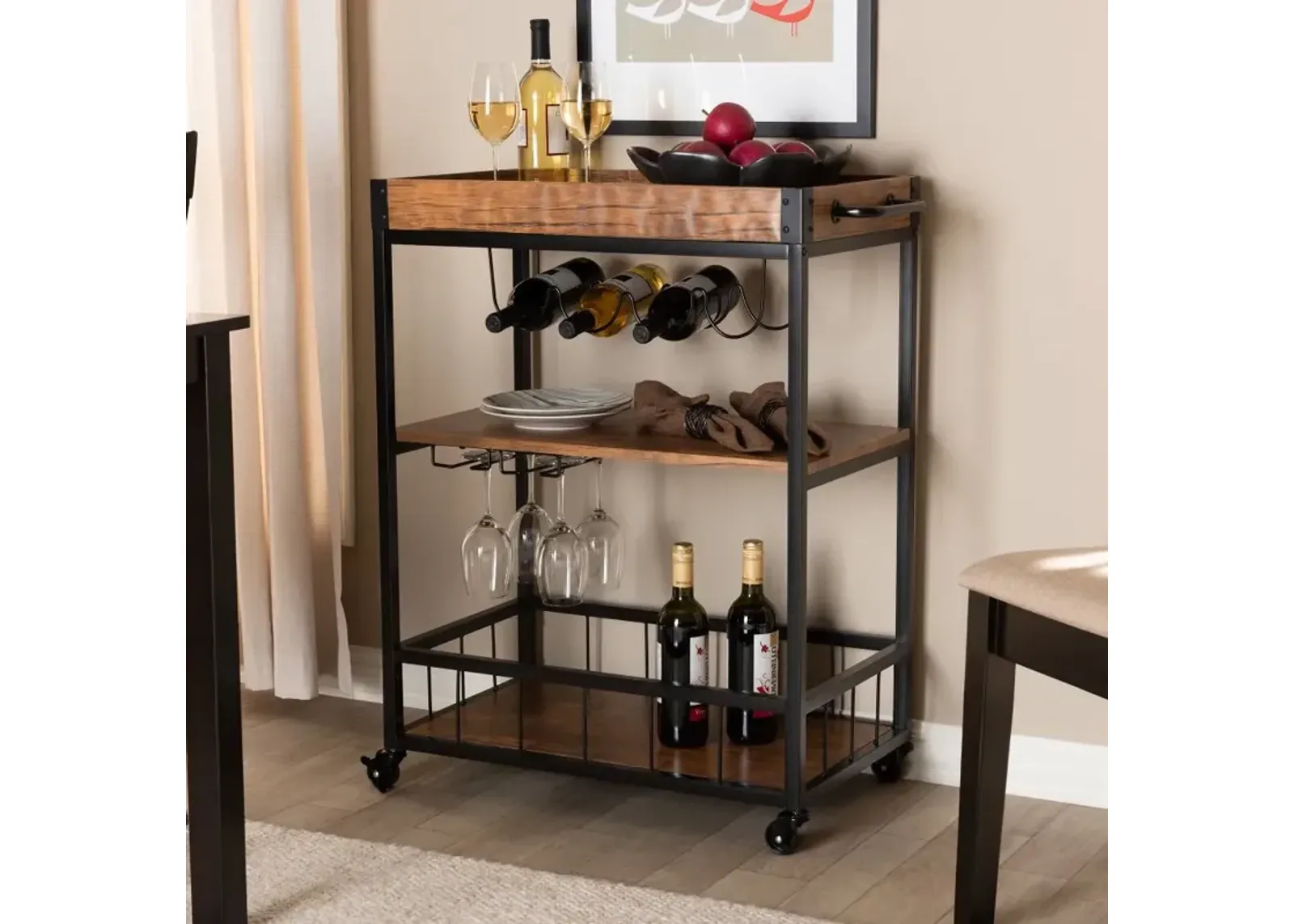 Cerne Rustic Oak and Black Metal Bar Cart