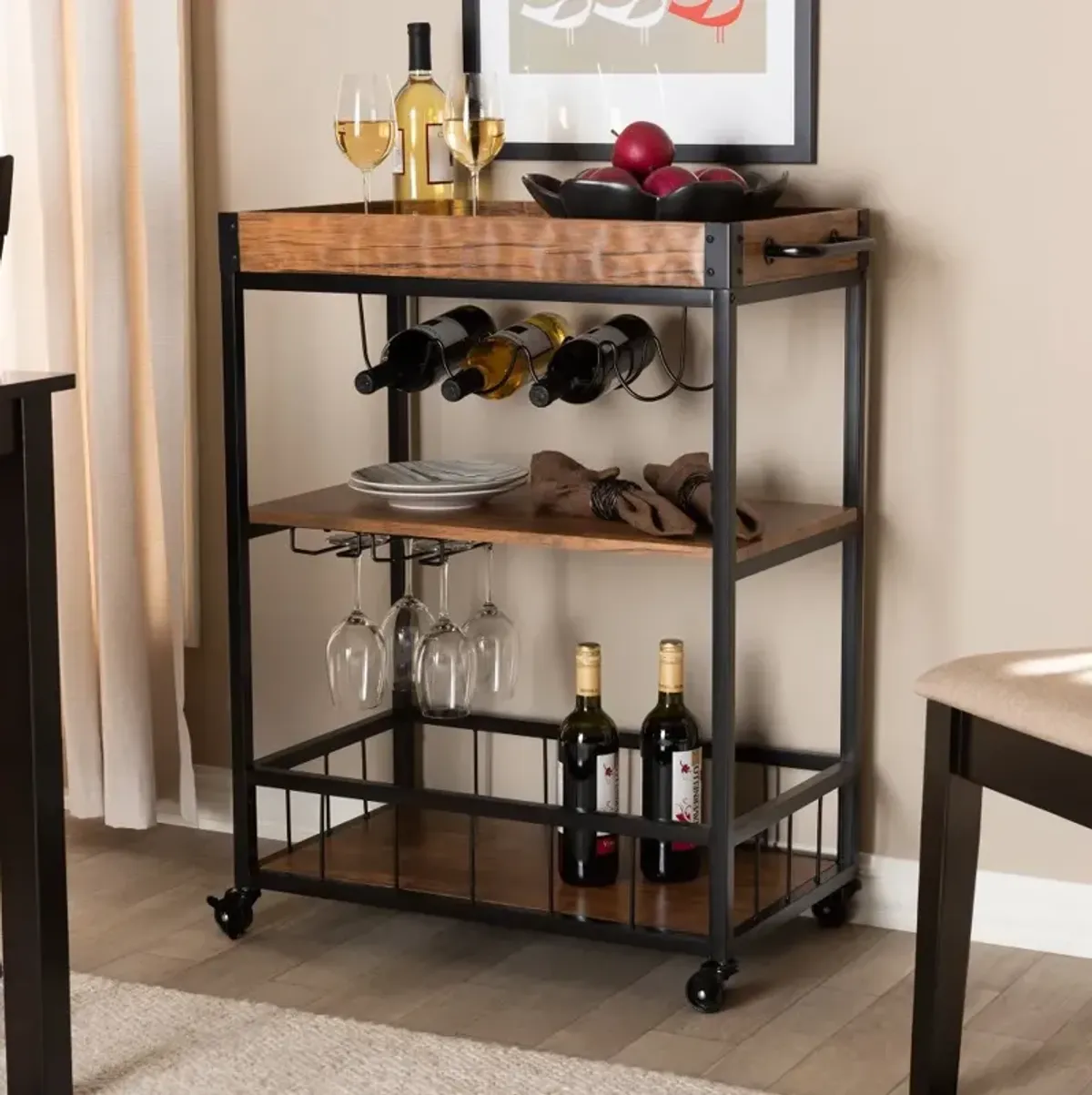 Cerne Rustic Oak and Black Metal Bar Cart