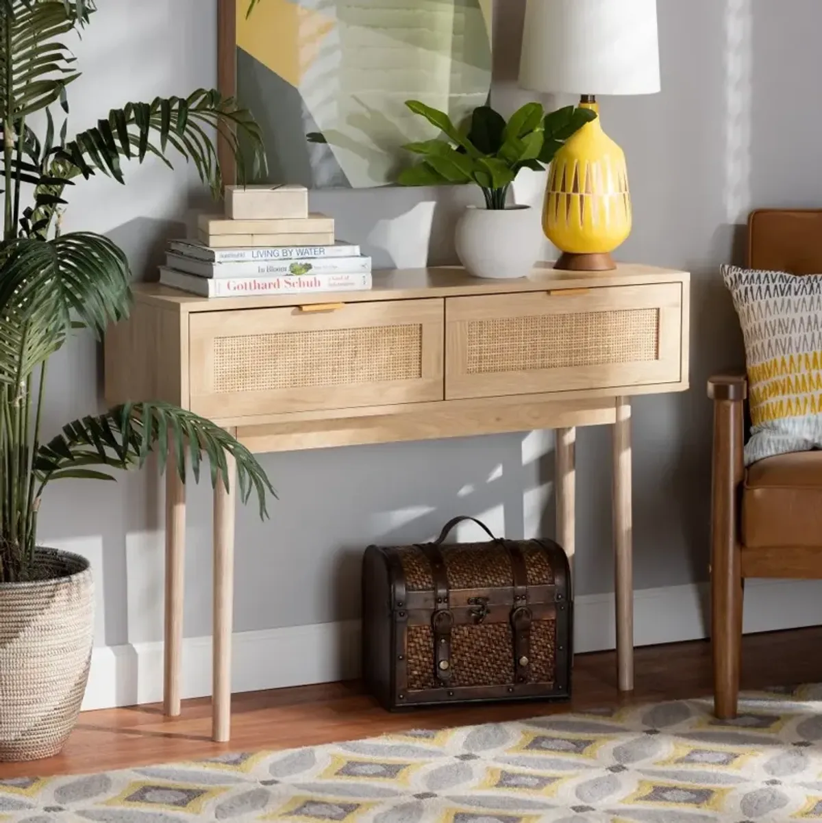 Baird Light Brown Wood and Rattan 2-Drawer Console Table