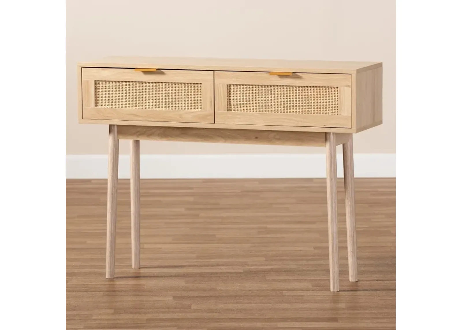 Baird Light Brown Wood and Rattan 2-Drawer Console Table