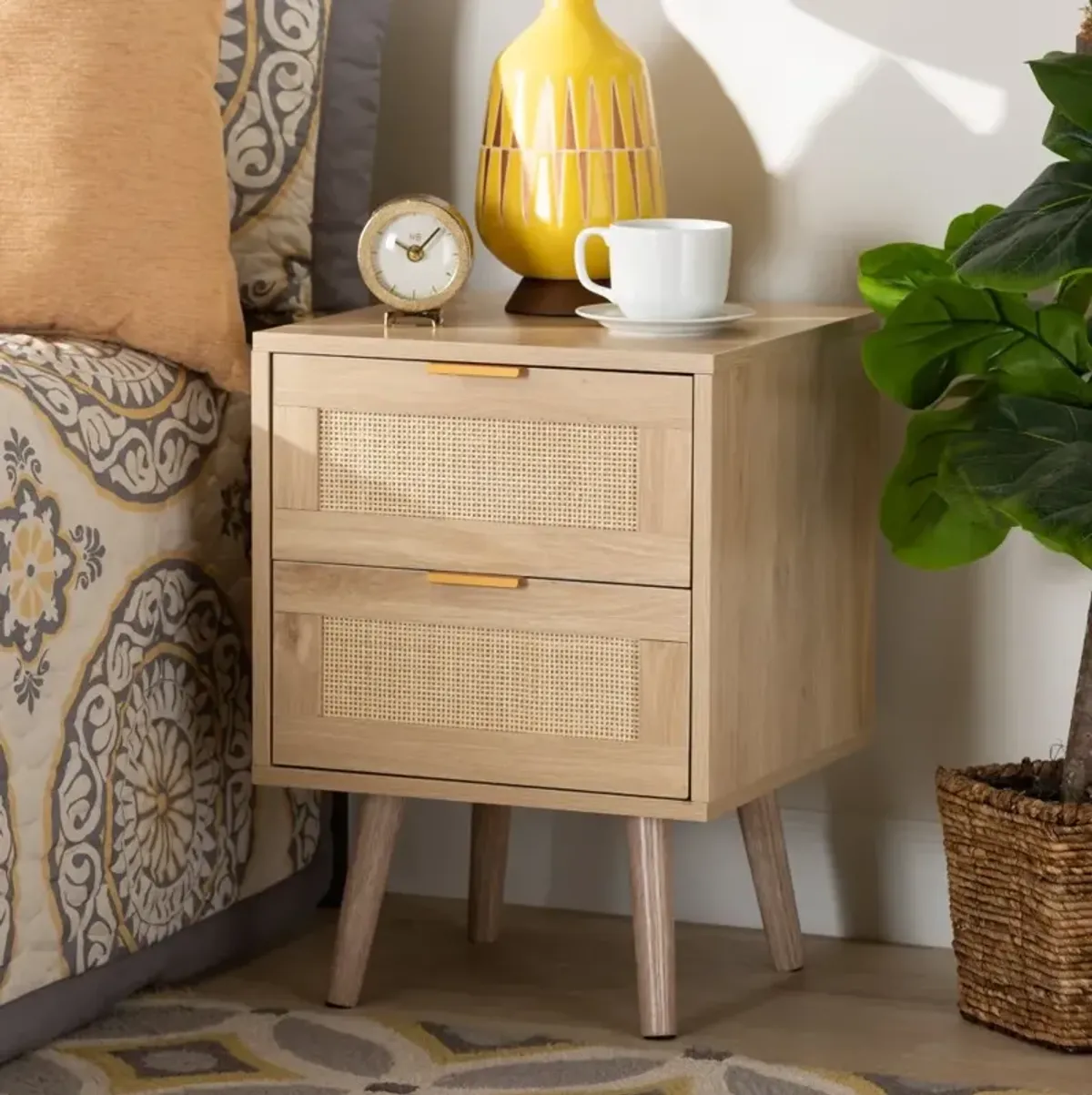 Baird Light Brown Wood and Rattan 2-Drawer Nightstand