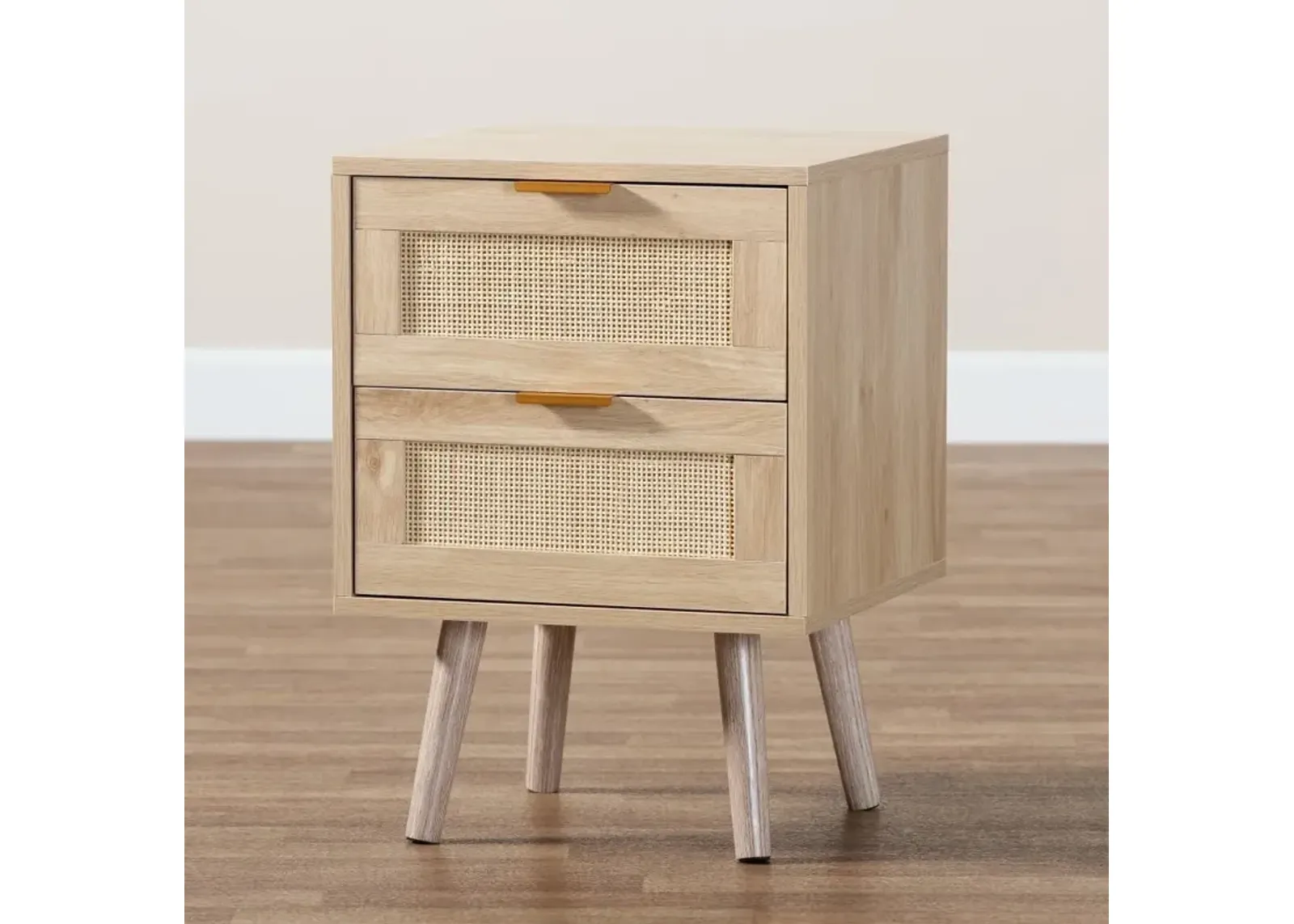 Baird Light Brown Wood and Rattan 2-Drawer Nightstand