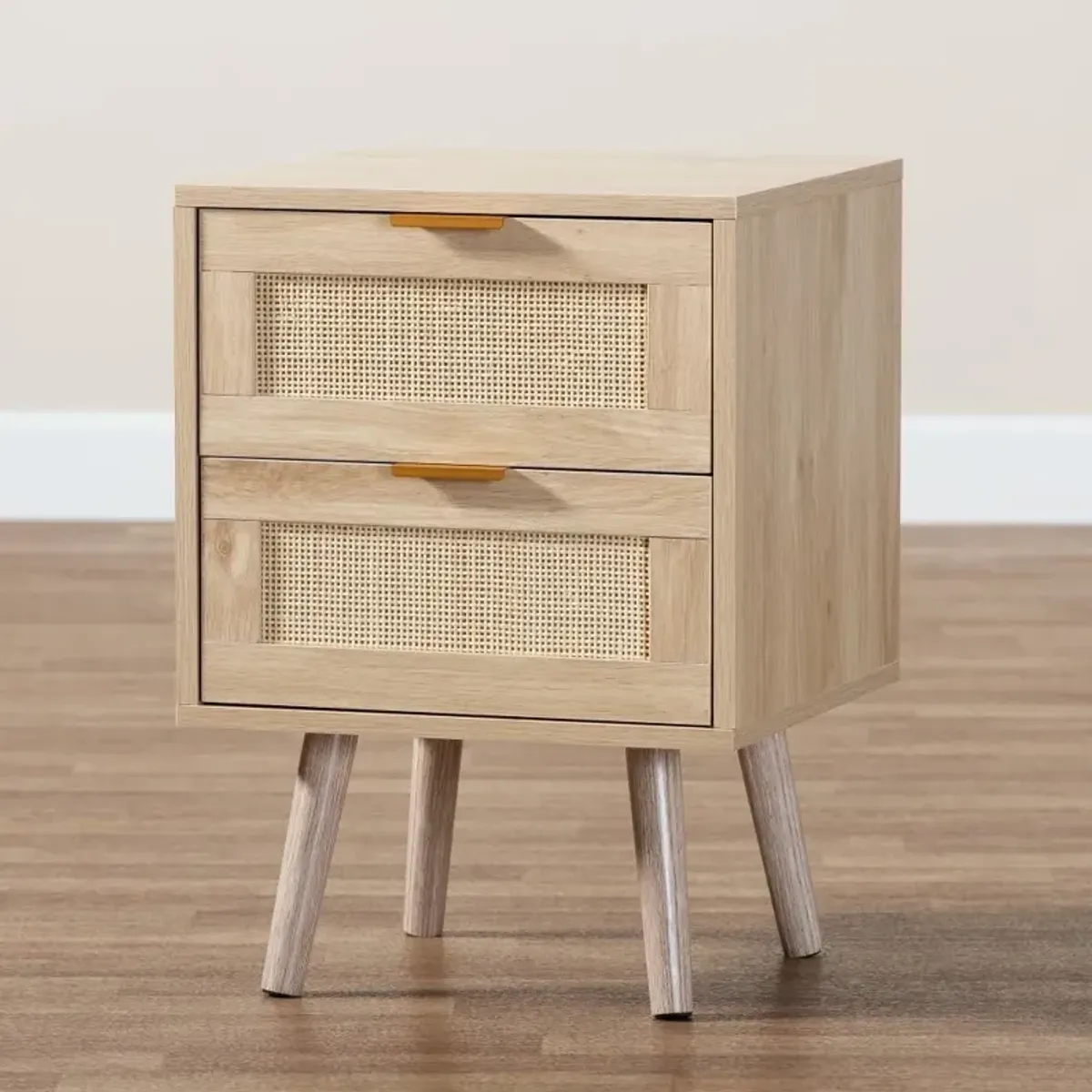 Baird Light Brown Wood and Rattan 2-Drawer Nightstand