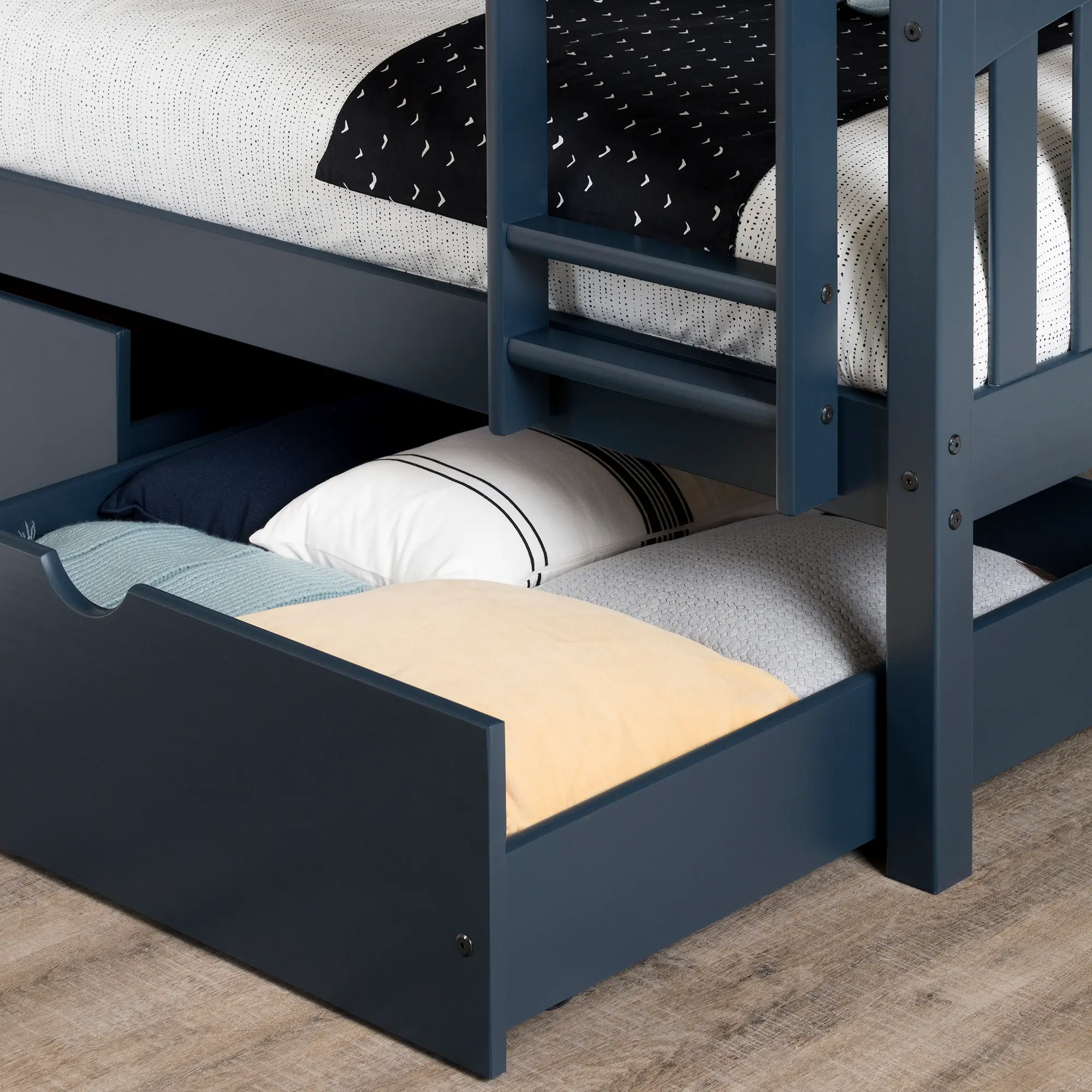 Asten Navy Blue Twin Bunk Beds with Storage Drawers