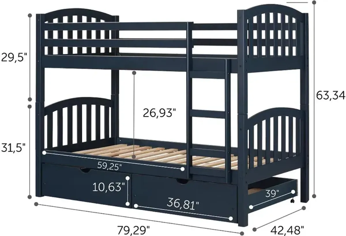 Asten Navy Blue Twin Bunk Beds with Storage Drawers