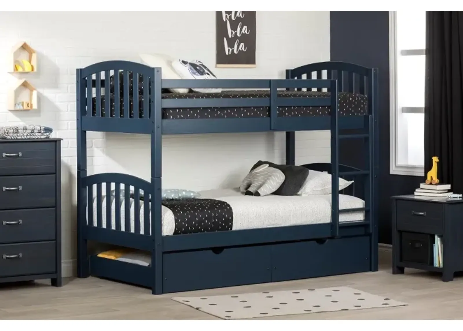 Asten Navy Blue Twin Bunk Beds with Storage Drawers