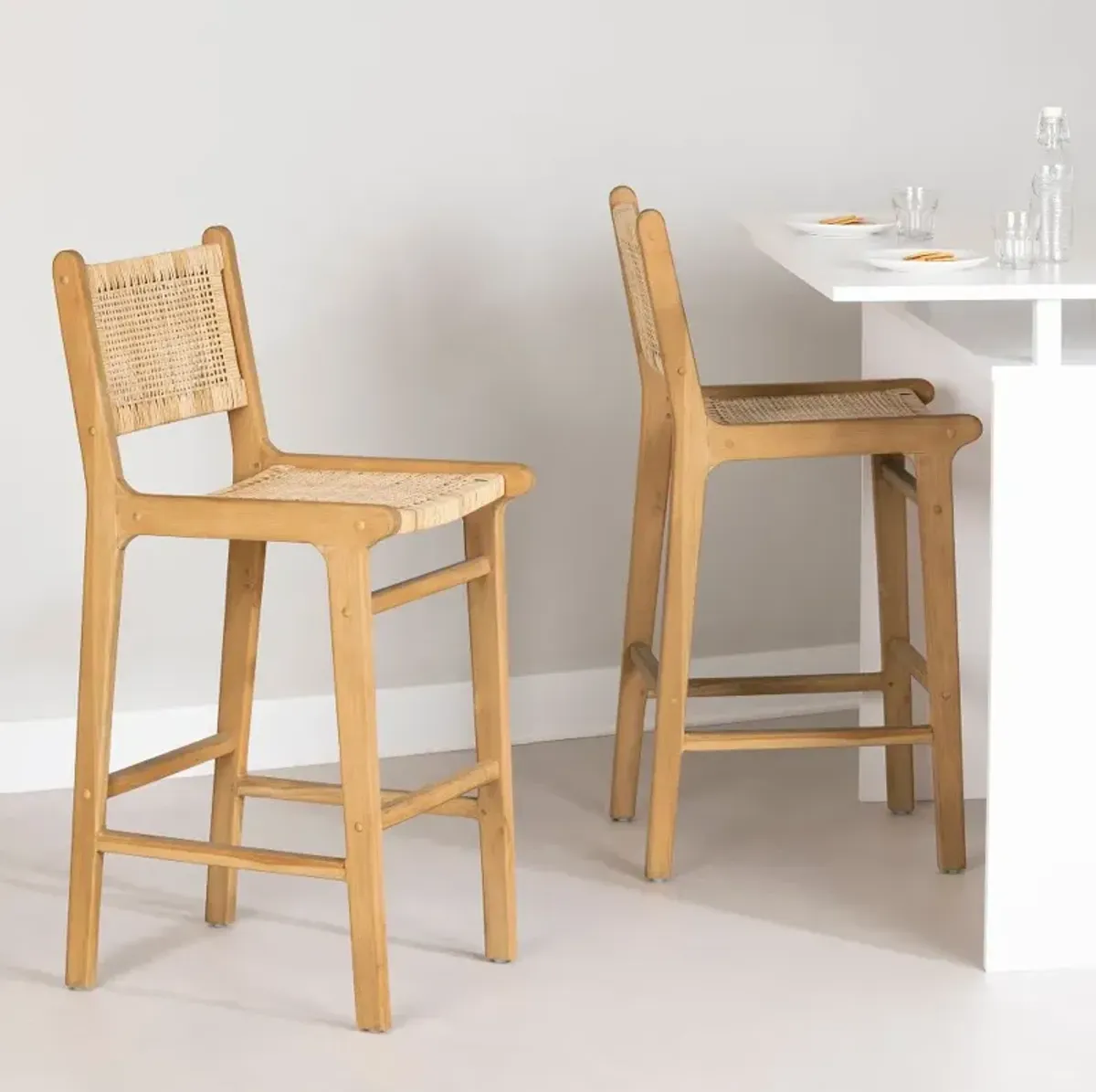 Balka Light Brown & Rattan Bar Stools, Set of 2