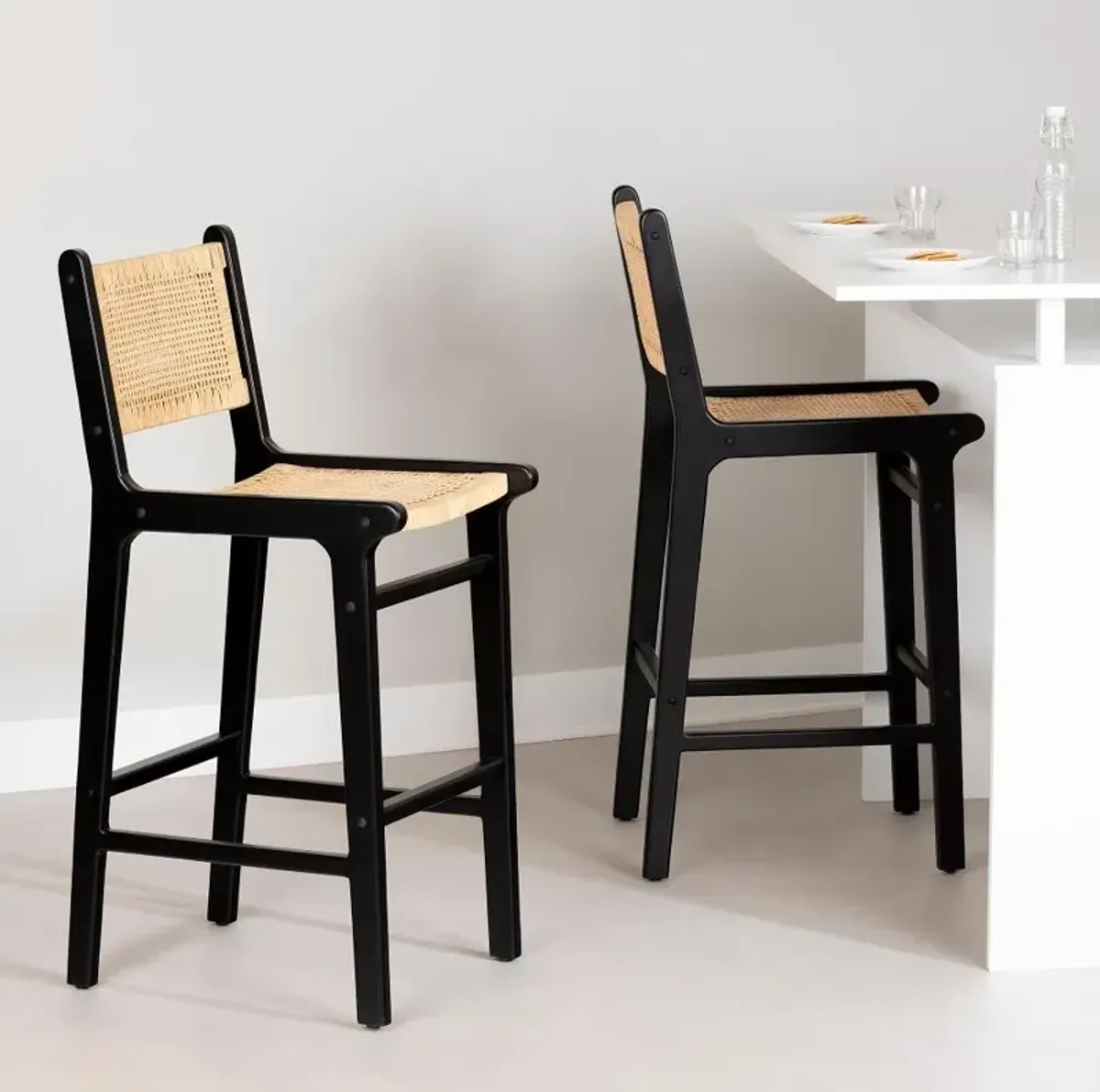 Balka Black & Rattan Bar Stools, Set of 2