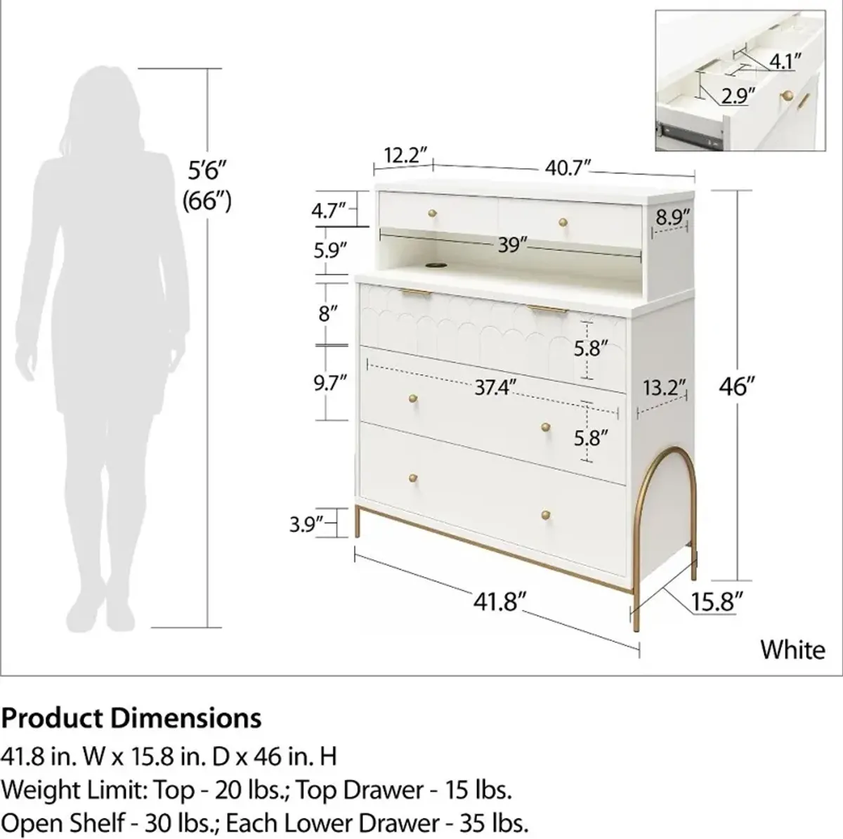 Anastasia White & Gold Dresser with Hutch