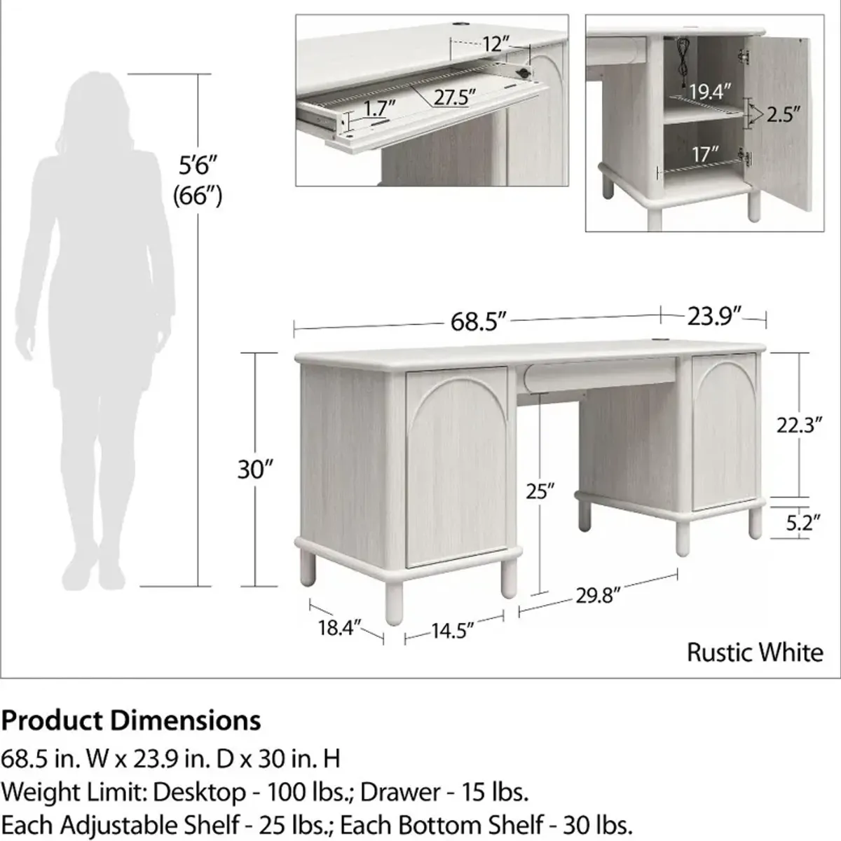 Selena Rustic White Pedestal Desk