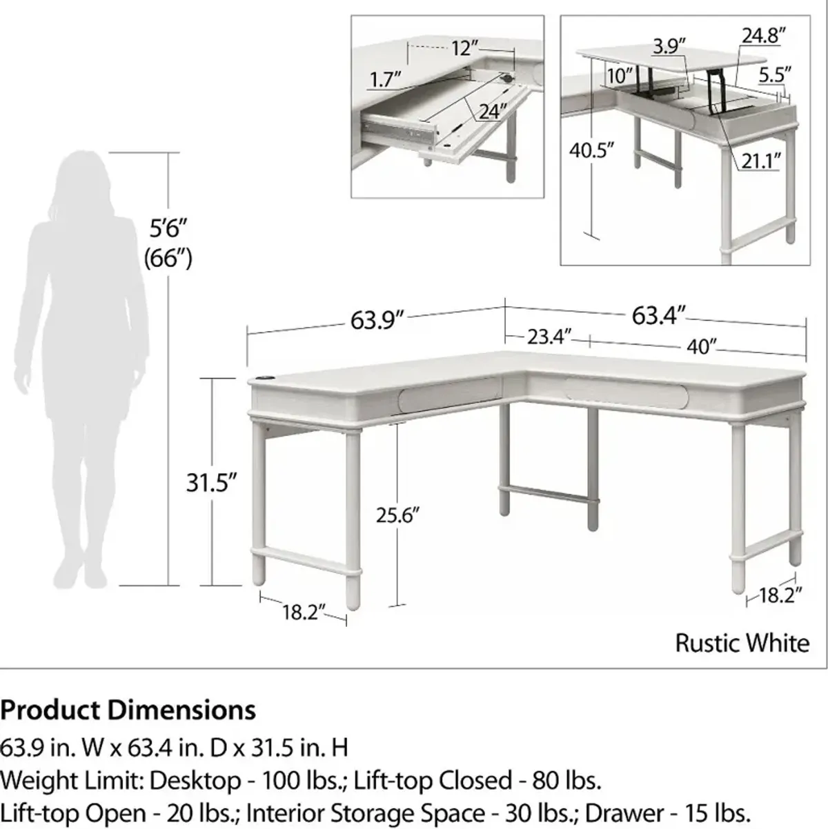 Selena Rustic White Lift-top L-Shaped Desk