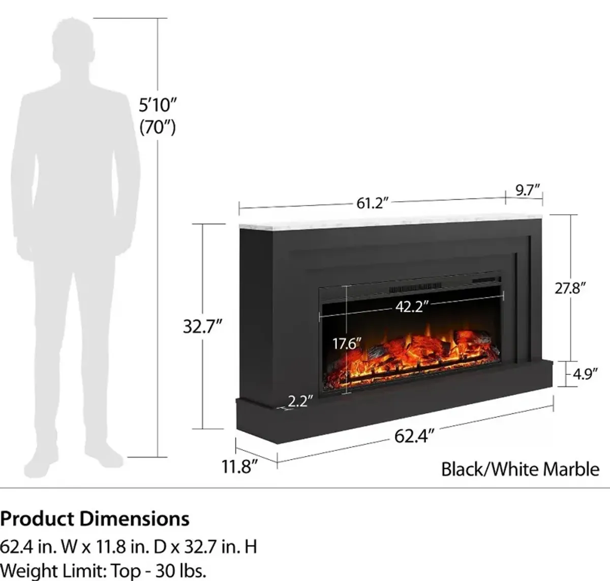 Lynnhaven Black & White Marble Wide Mantel with Fireplace